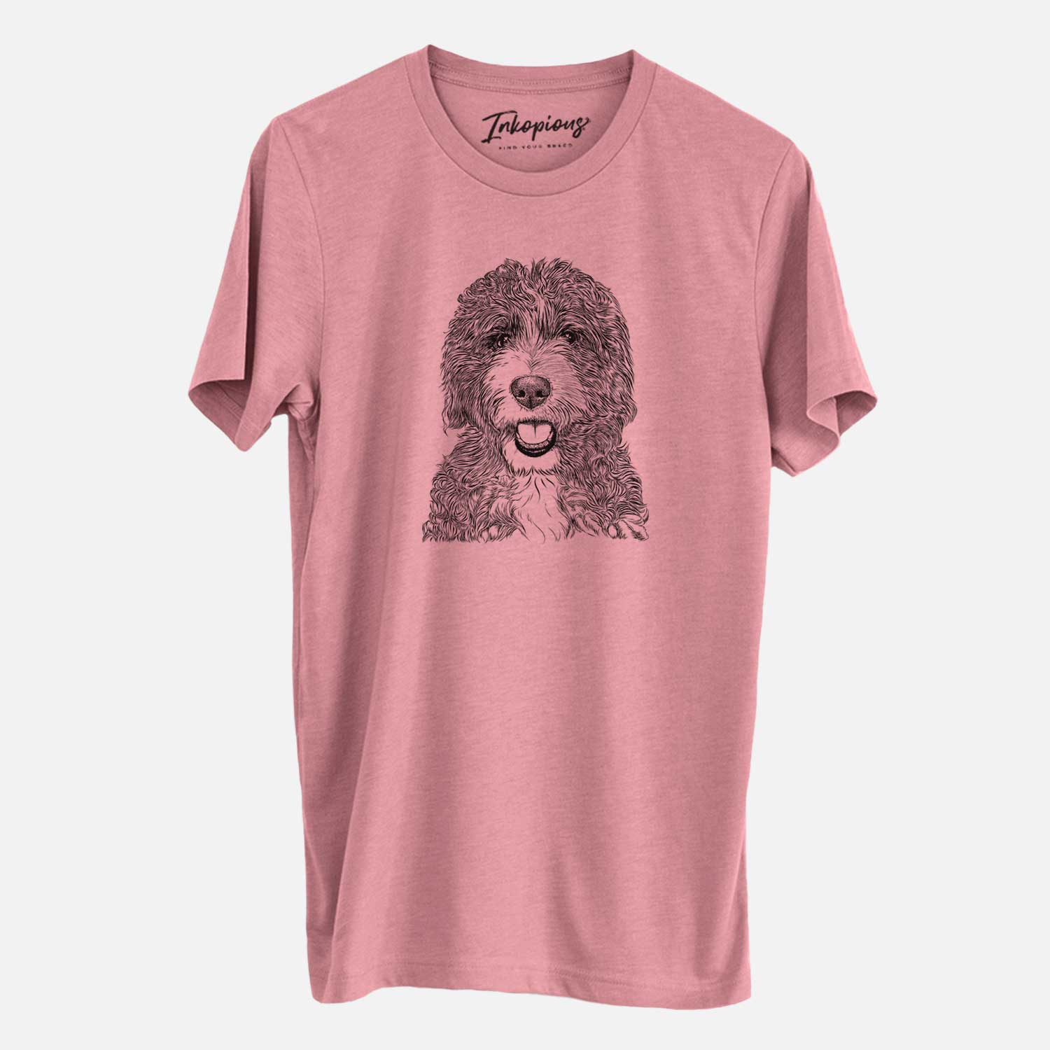 Hand-drawn sketch of Bash the Bernedoodle on a Mauve Unisex crewneck