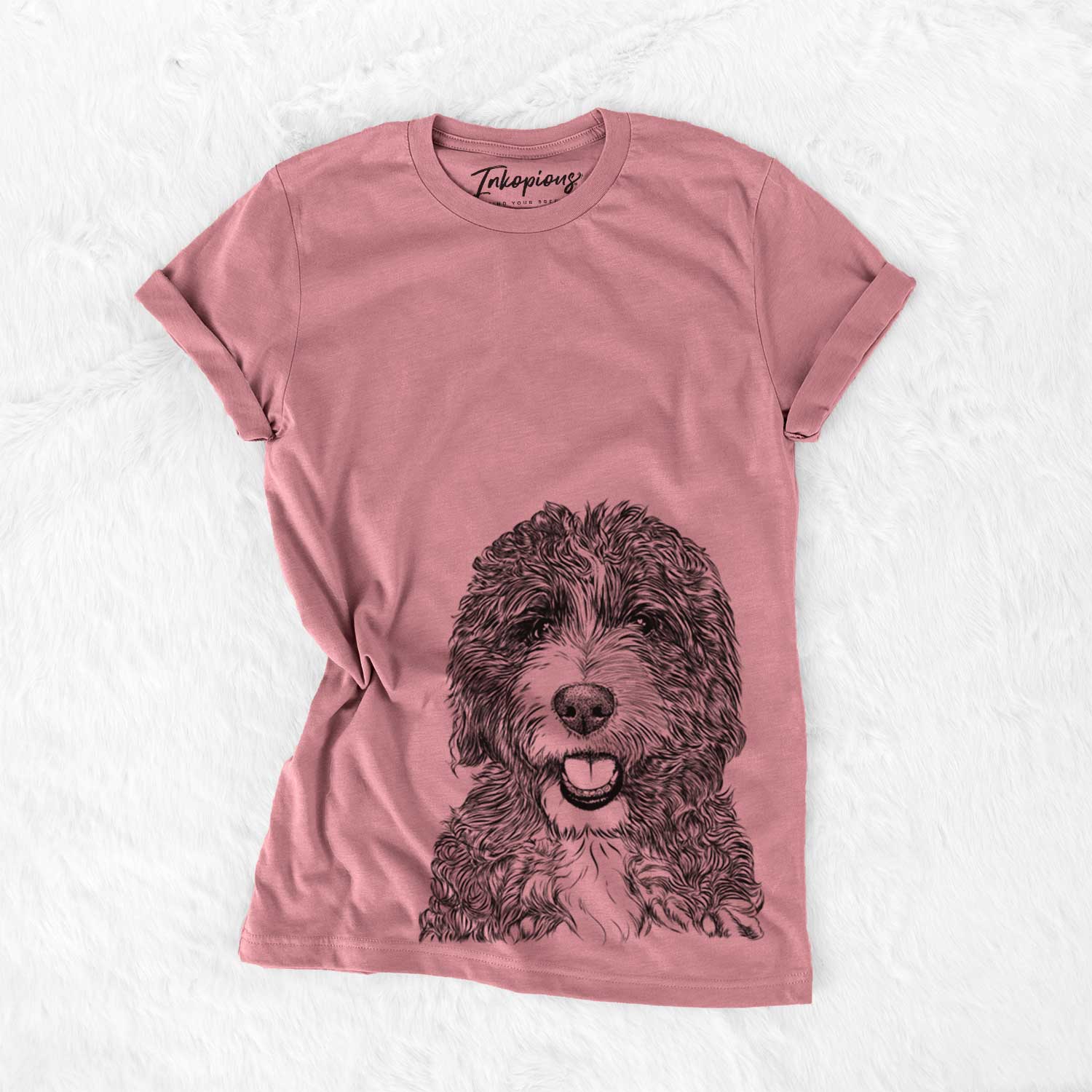 Hand-drawn sketch of Bash the Bernedoodle on a Mauve Bella Canvas Unisex Crewneck