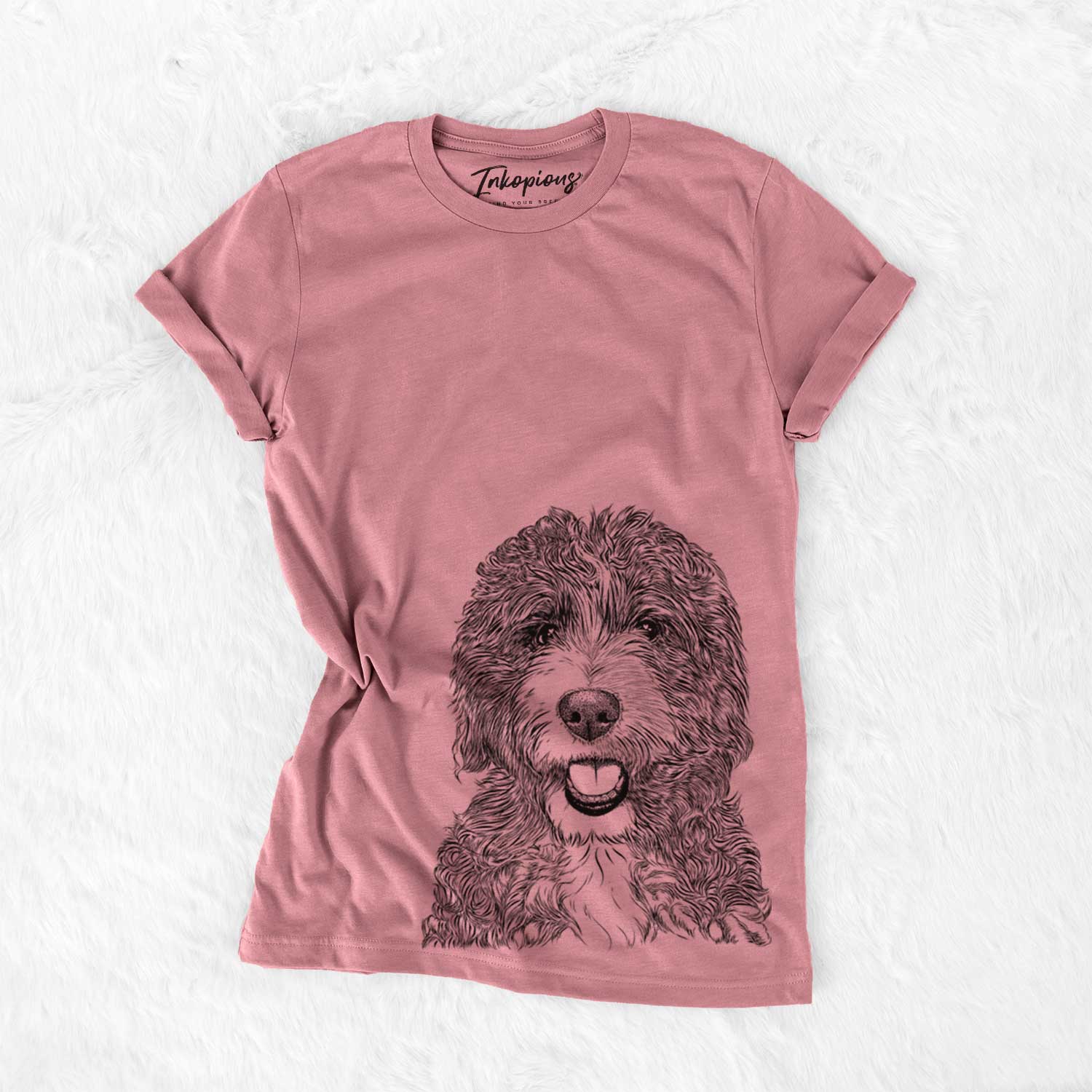 Hand-drawn sketch of Bash the Bernedoodle on a Mauve Unisex crewneck