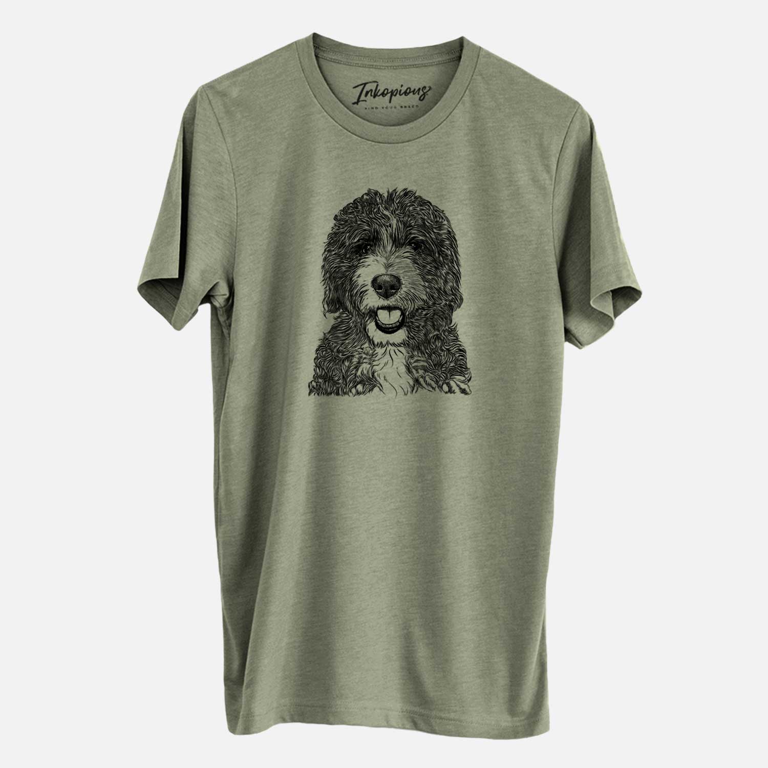 Hand-drawn sketch of Bash the Bernedoodle on an Olive Unisex crewneck