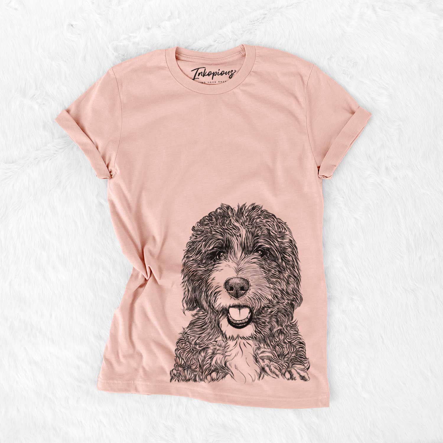 Hand-drawn sketch of Bash the Bernedoodle on a Peach Bella Canvas Unisex Crewneck