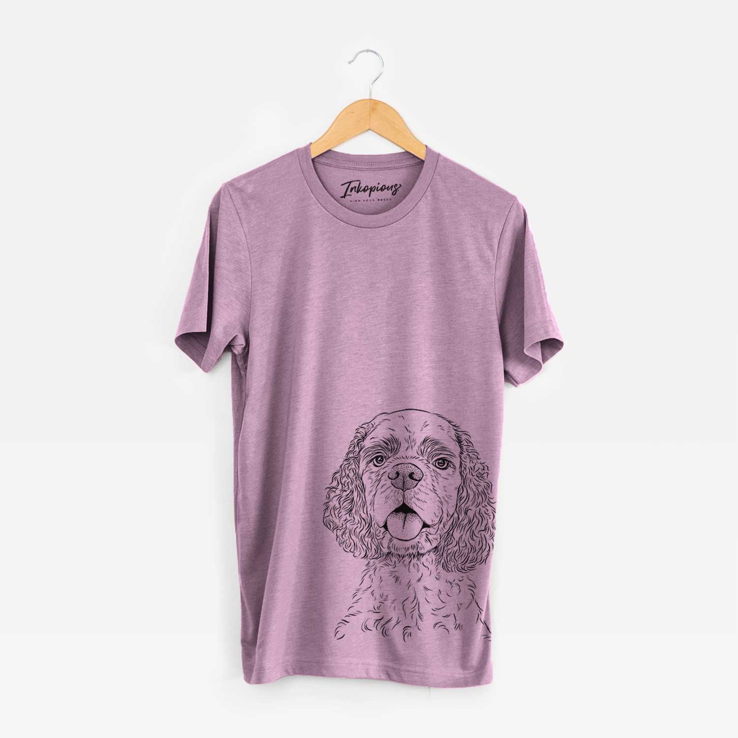Hand-drawn sketch of Baxter the American Cocker Spaniel on an Orchid Bella Canvas Unisex Crewneck