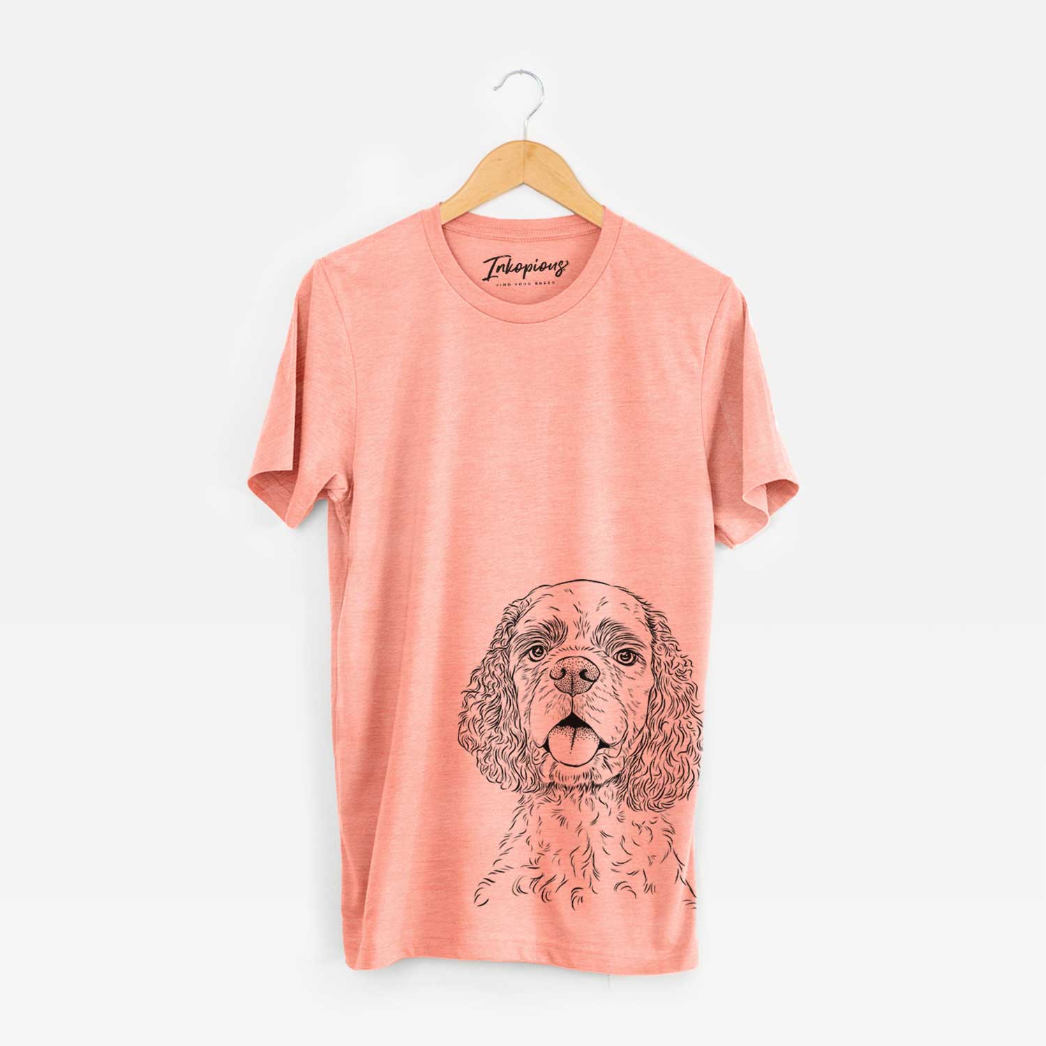 Hand-drawn sketch of Baxter the American Cocker Spaniel on a Sunset Bella Canvas Unisex Crewneck