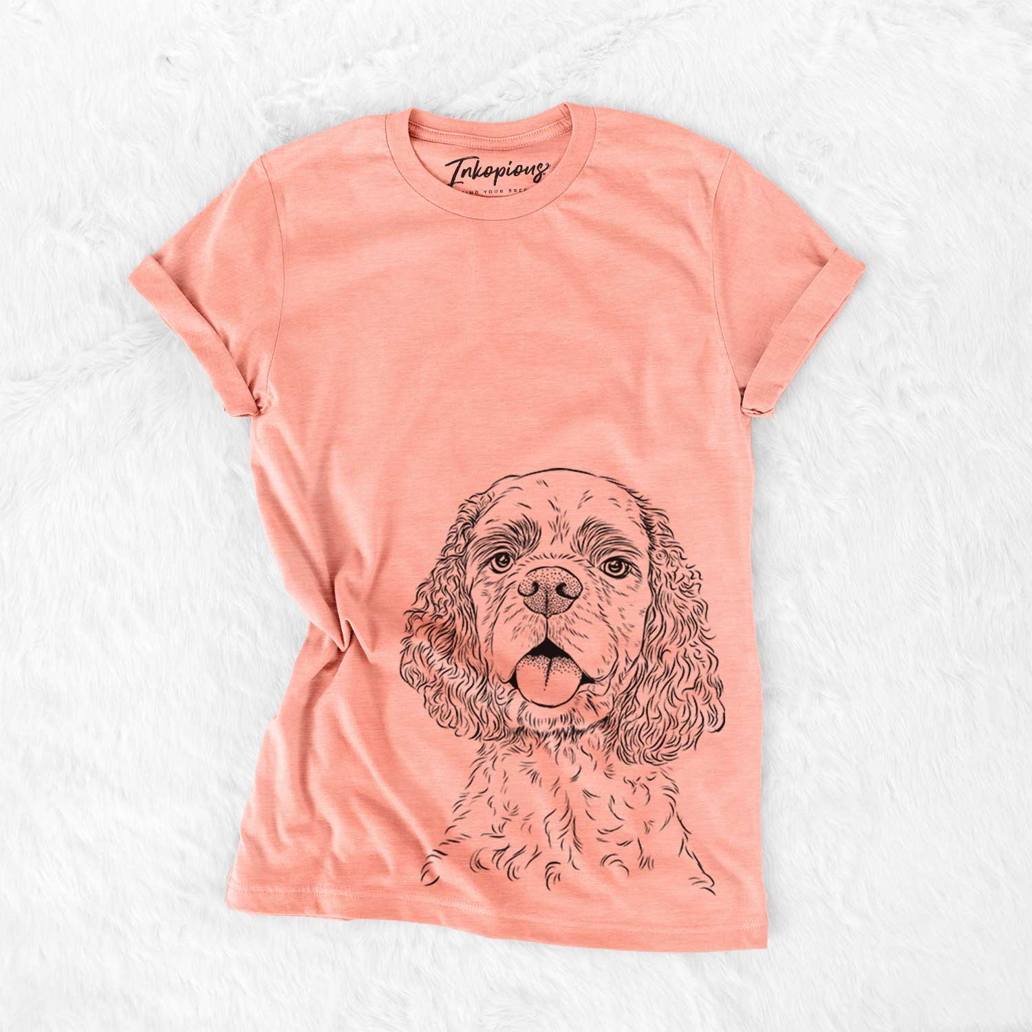 Hand-drawn sketch of Baxter the American Cocker Spaniel on a Sunset Bella Canvas Unisex Crewneck