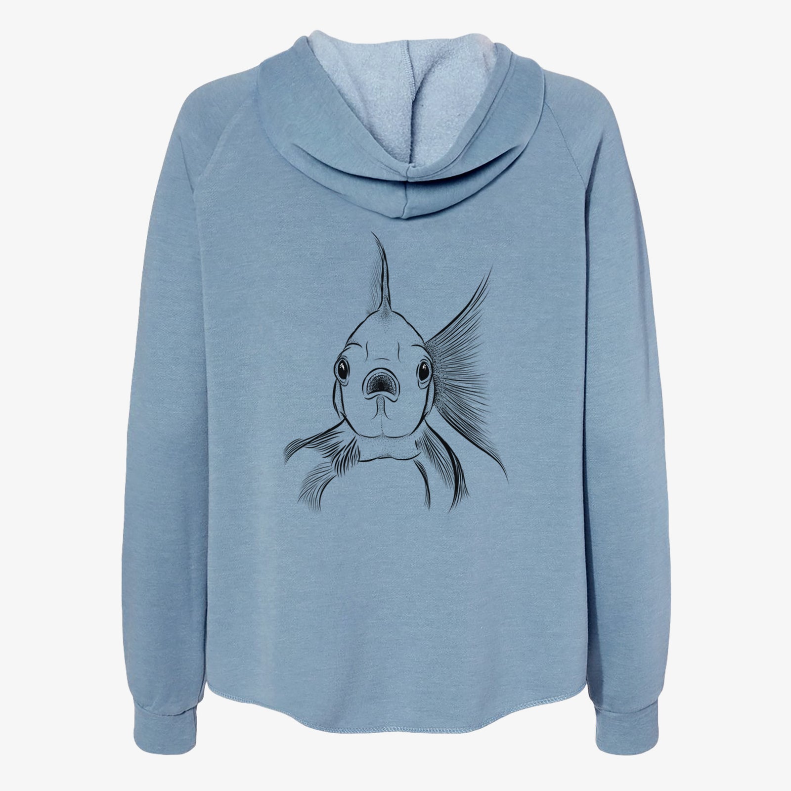 Hand-drawn sketch of Beefcake the Goldfish on a Misty Blue Women's cali wave zip-up sweatshirt