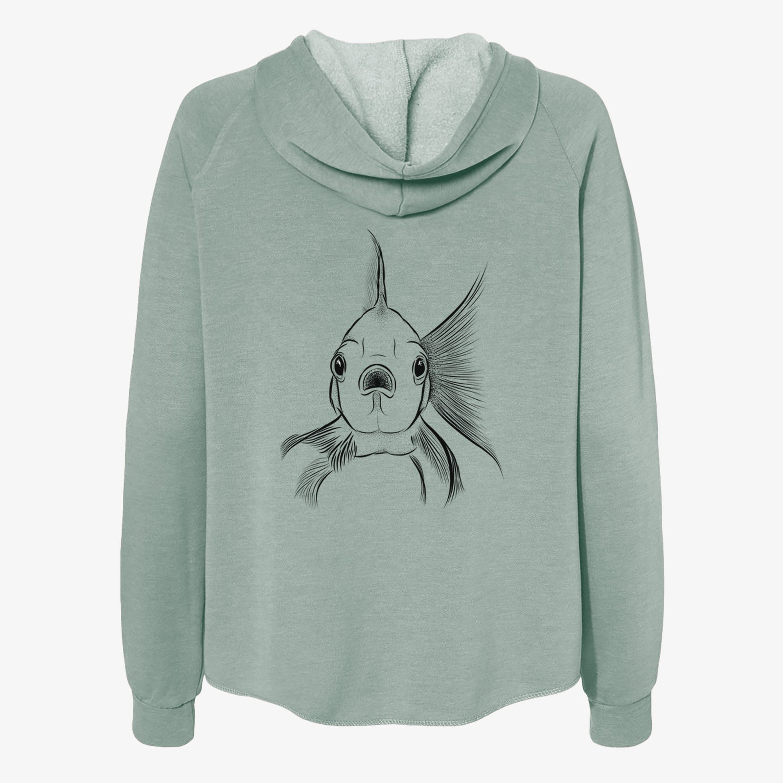 Hand-drawn sketch of Beefcake the Goldfish on a Sage Women's cali wave zip-up sweatshirt