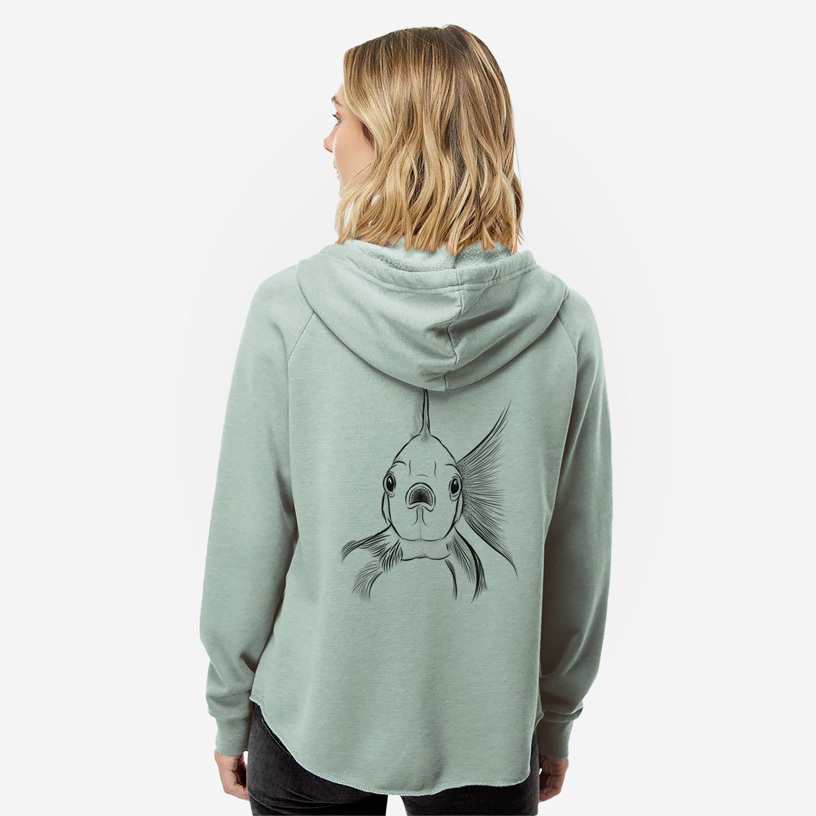 Hand-drawn sketch of Beefcake the Goldfish on a Sage Women's cali wave zip-up sweatshirt