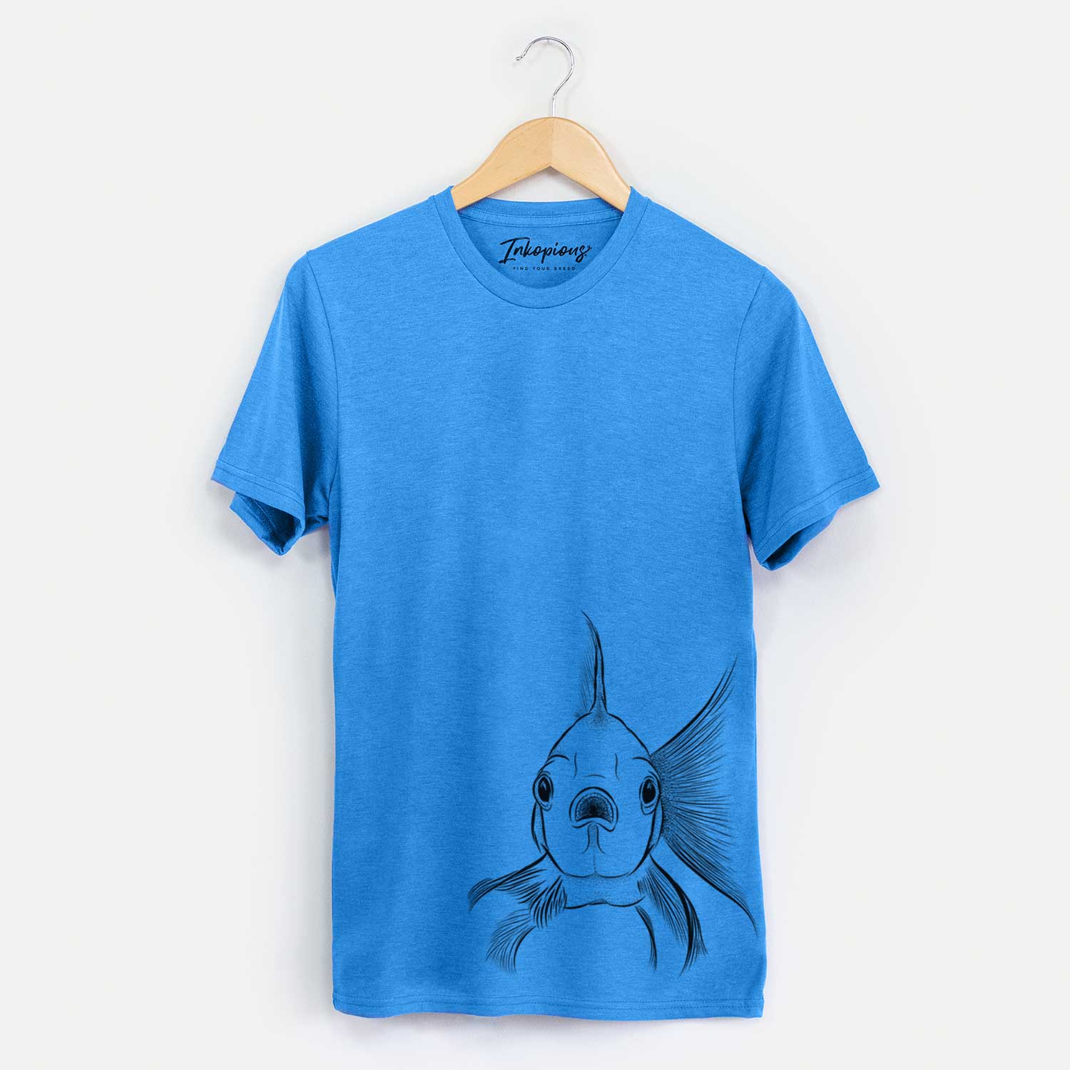 Hand-drawn sketch of Beefcake the Goldfish on a Blue Unisex crewneck