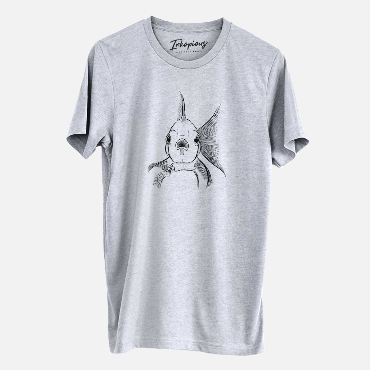 Hand-drawn sketch of Beefcake the Goldfish on a Grey Unisex crewneck