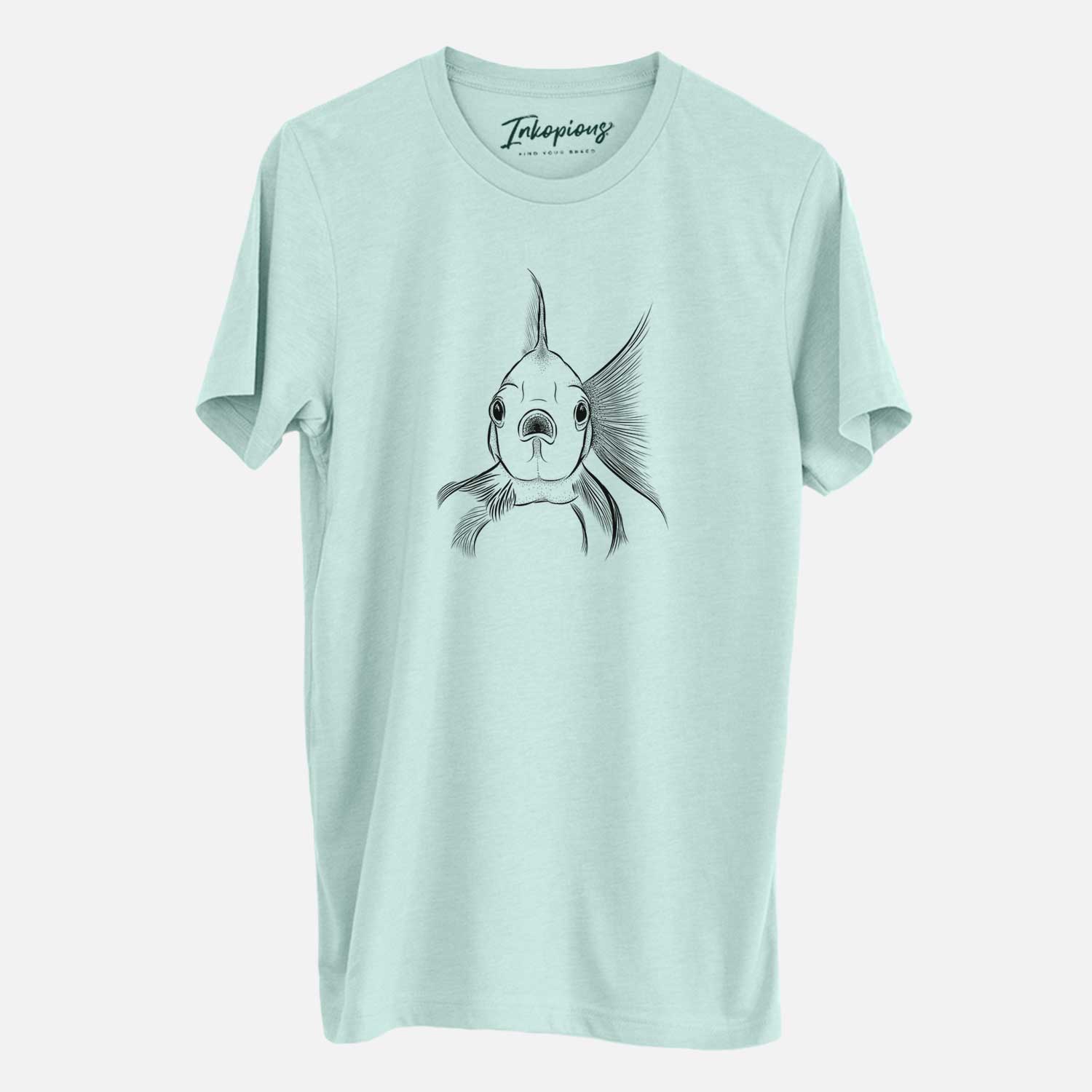 Hand-drawn sketch of Beefcake the Goldfish on a Heather Sage Unisex crewneck