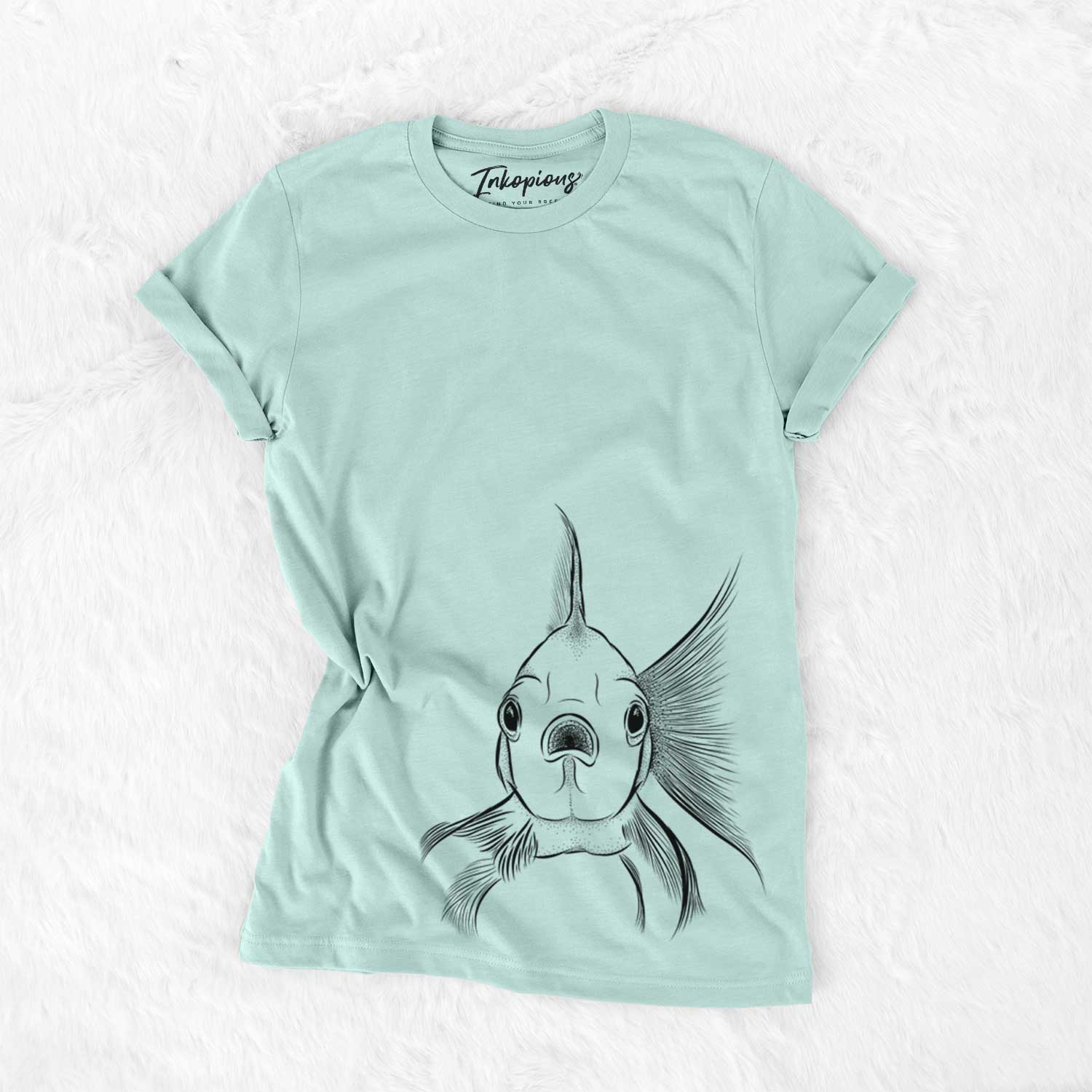 Hand-drawn sketch of Beefcake the Goldfish on a Heather Sage Unisex crewneck