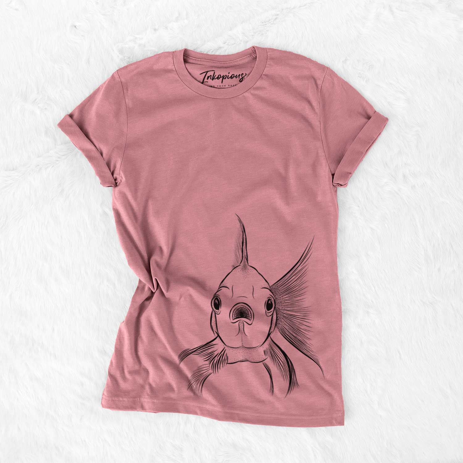 Hand-drawn sketch of Beefcake the Goldfish on a Mauve Unisex crewneck