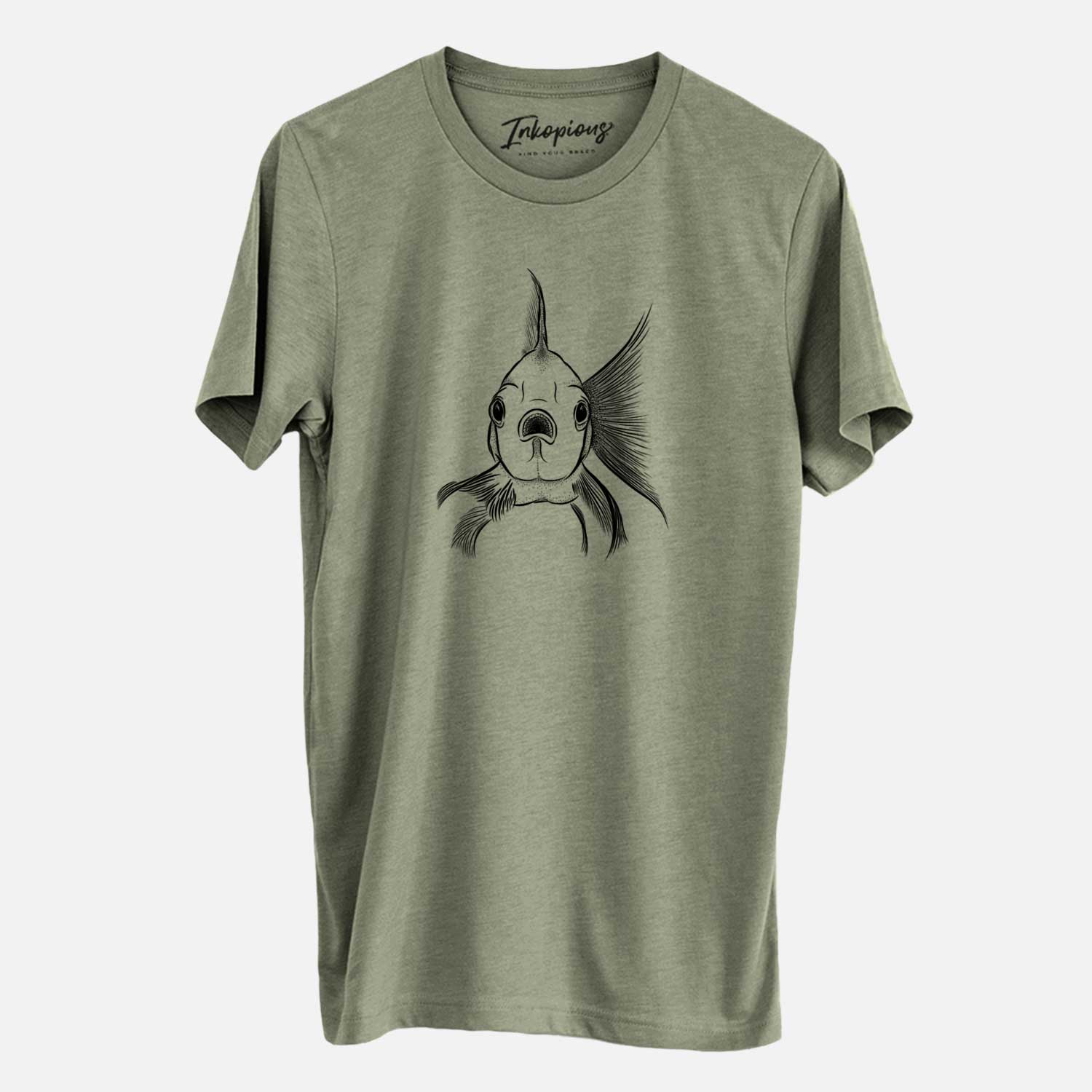 Hand-drawn sketch of Beefcake the Goldfish on an Olive Unisex crewneck