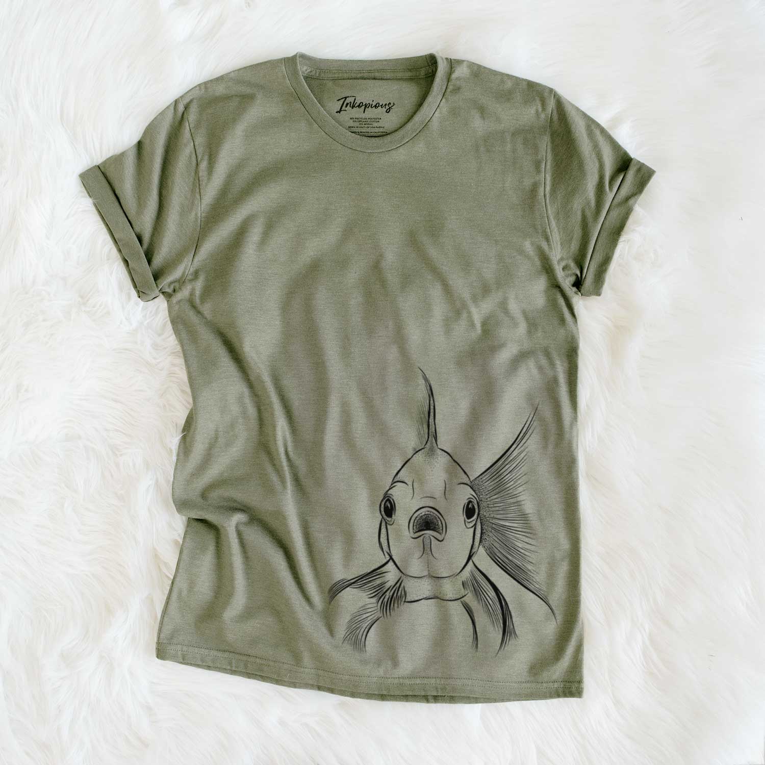 Hand-drawn sketch of Beefcake the Goldfish on an Olive Unisex crewneck