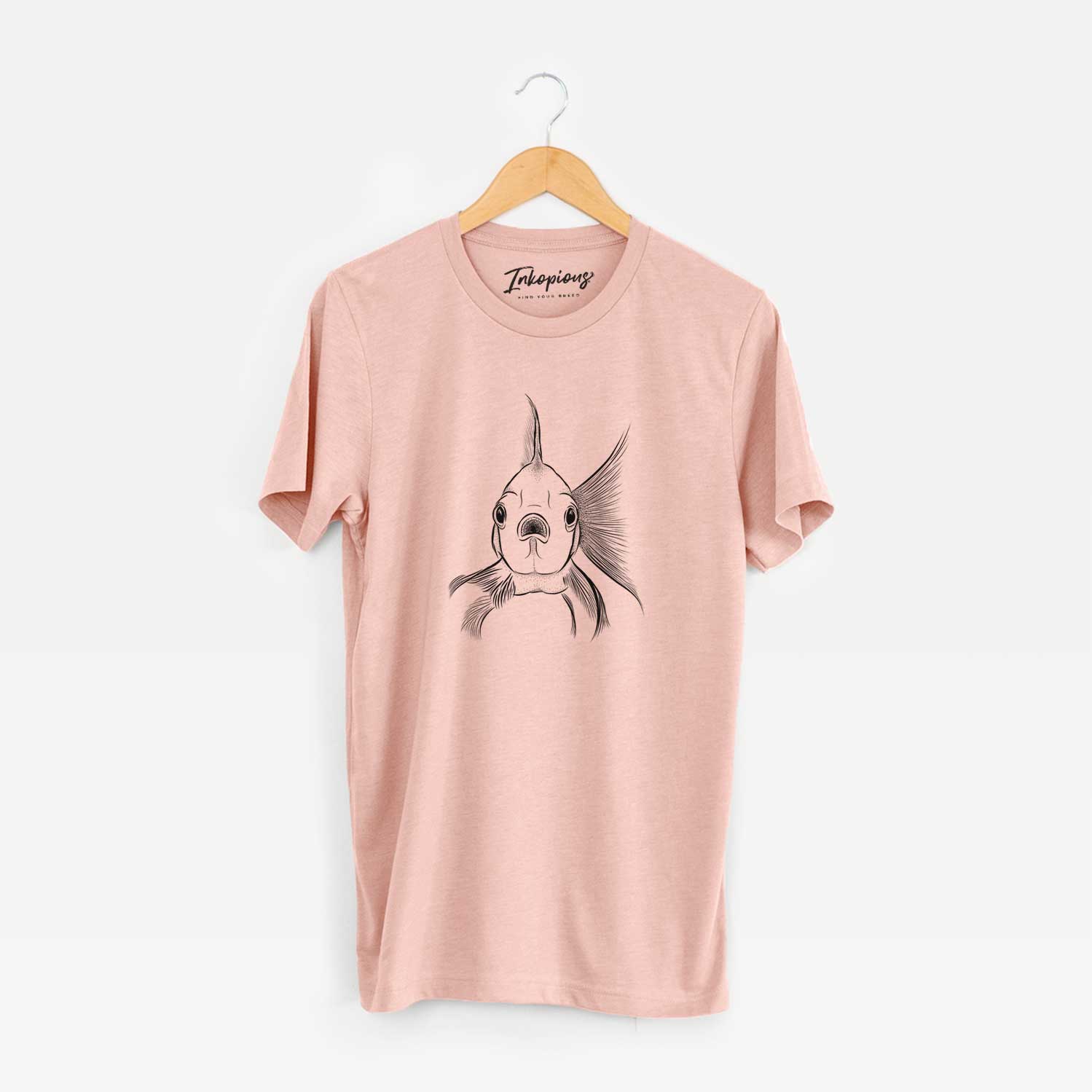 Hand-drawn sketch of Beefcake the Goldfish on a Peach Unisex crewneck