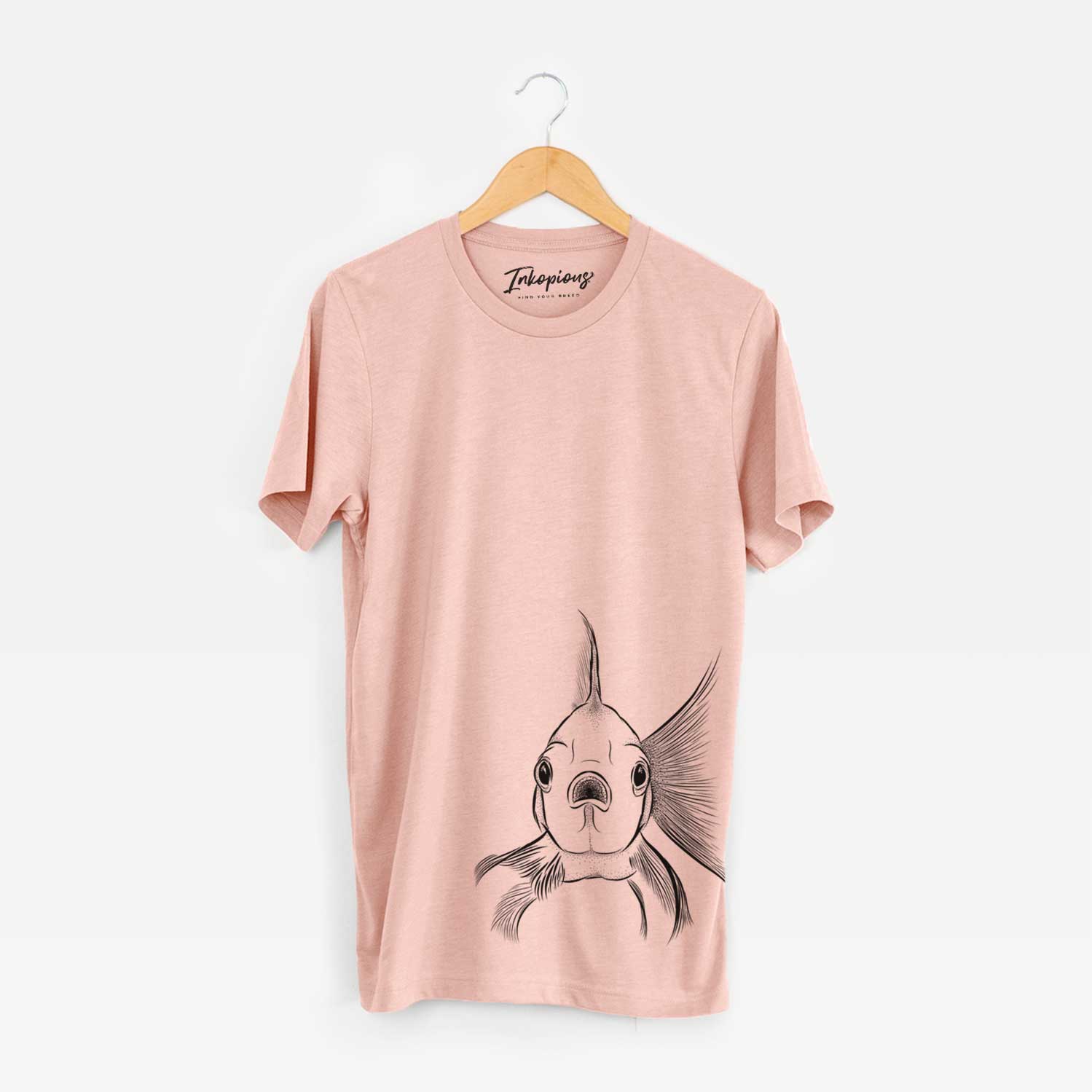Hand-drawn sketch of Beefcake the Goldfish on a Peach Unisex crewneck