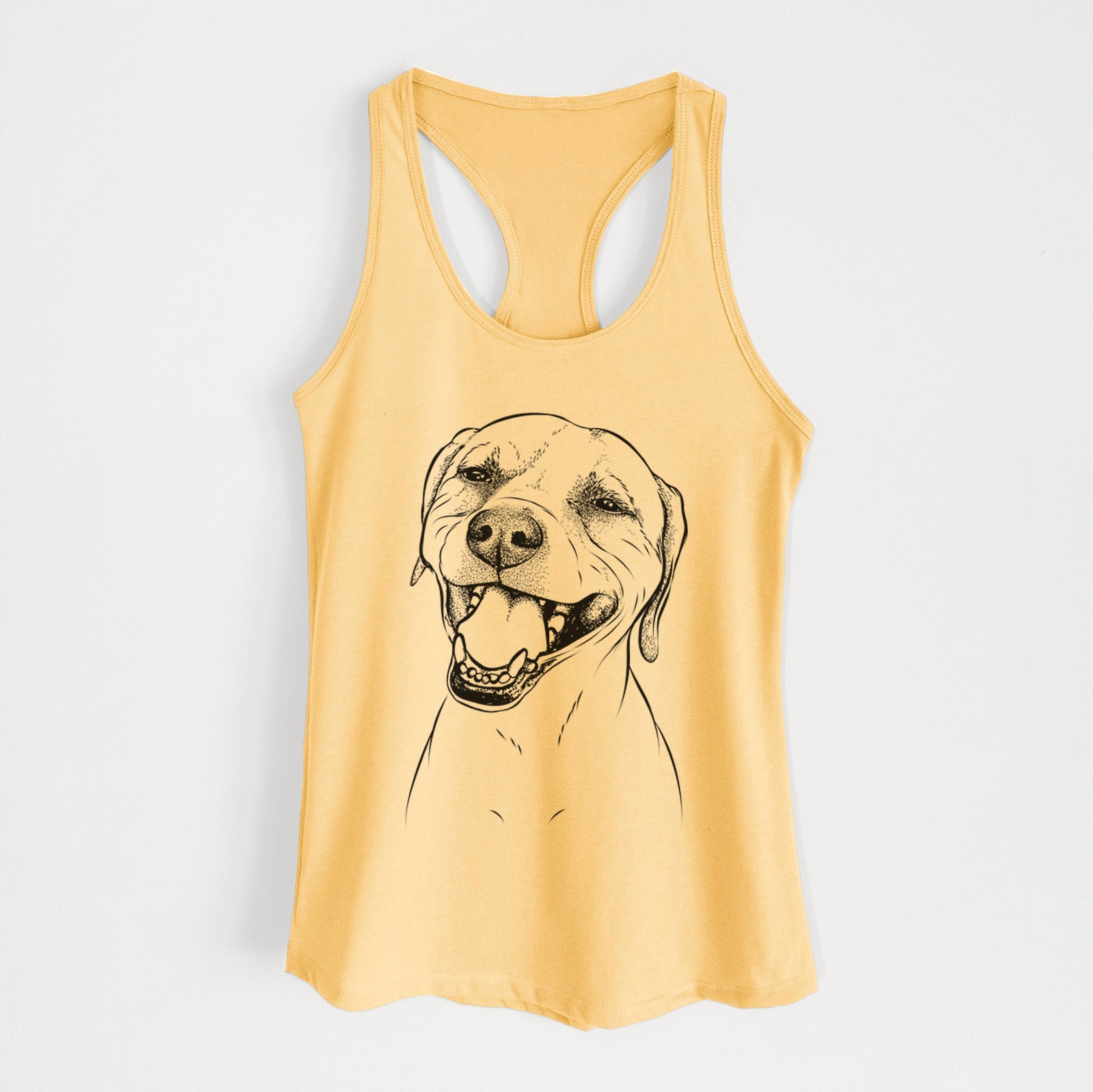 Hand-drawn sketch of Beemer the Boxer Pitbull Terrier Mix on a Banana Cream Women's racerback tanktop