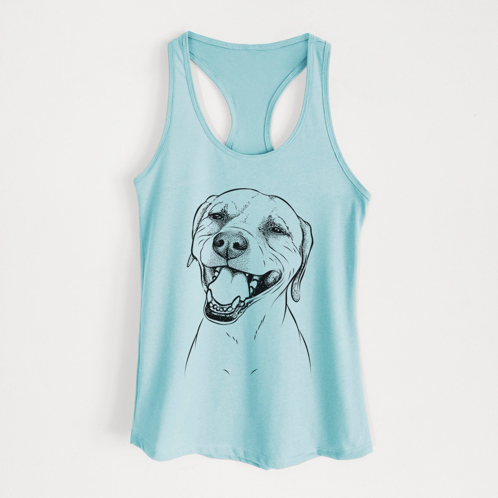 Hand-drawn sketch of Beemer the Boxer Pitbull Terrier Mix on a Cancun Blue Women's racerback tanktop