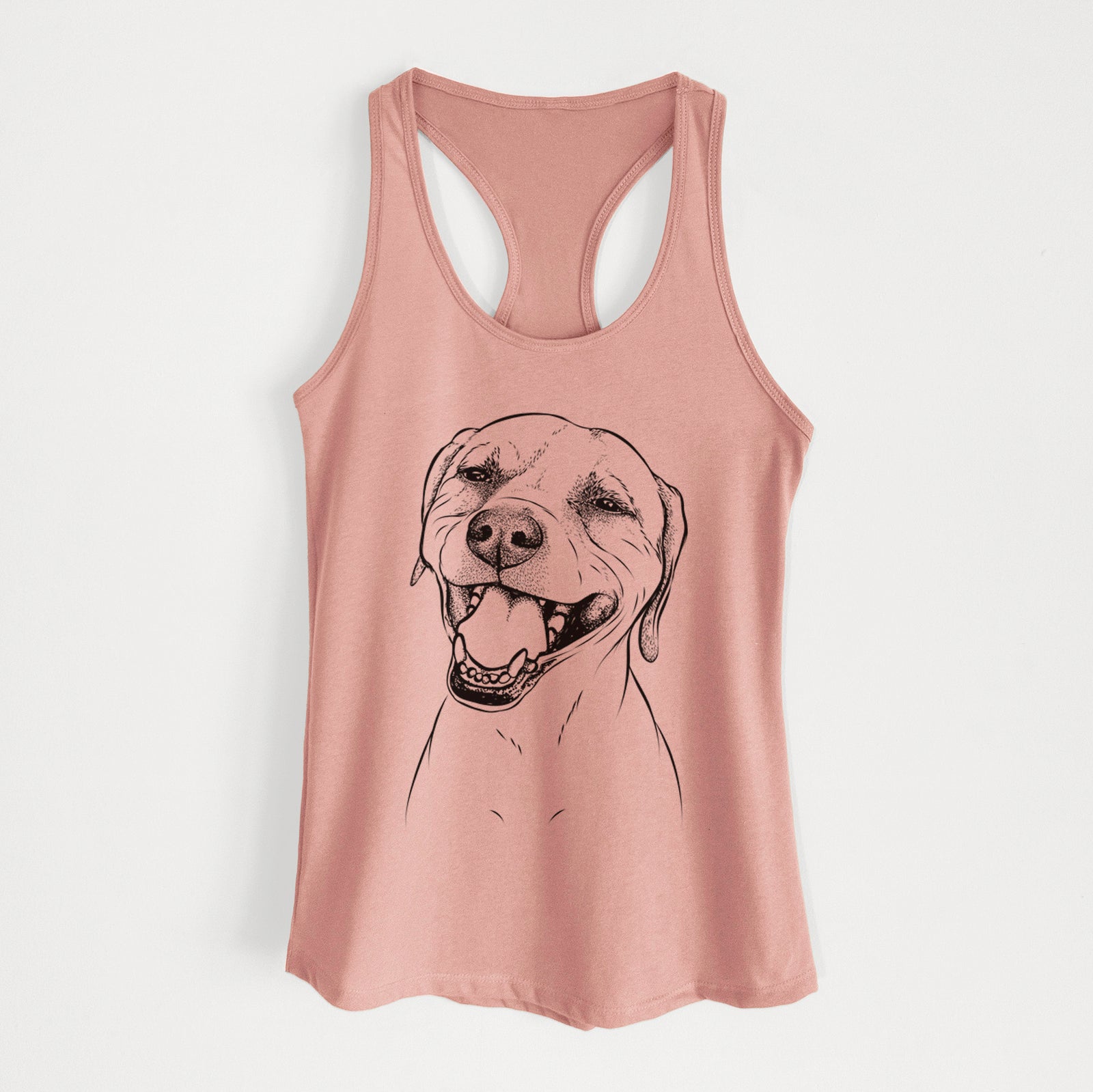 Hand-drawn sketch of Beemer the Boxer Pitbull Terrier Mix on a Desert Pink Women's racerback tanktop
