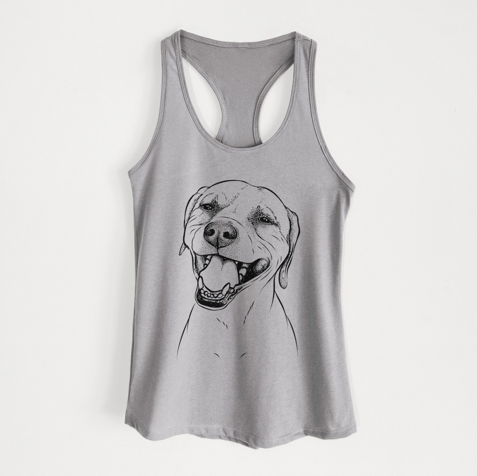 Hand-drawn sketch of Beemer the Boxer Pitbull Terrier Mix on a Heather Grey Women's racerback tanktop