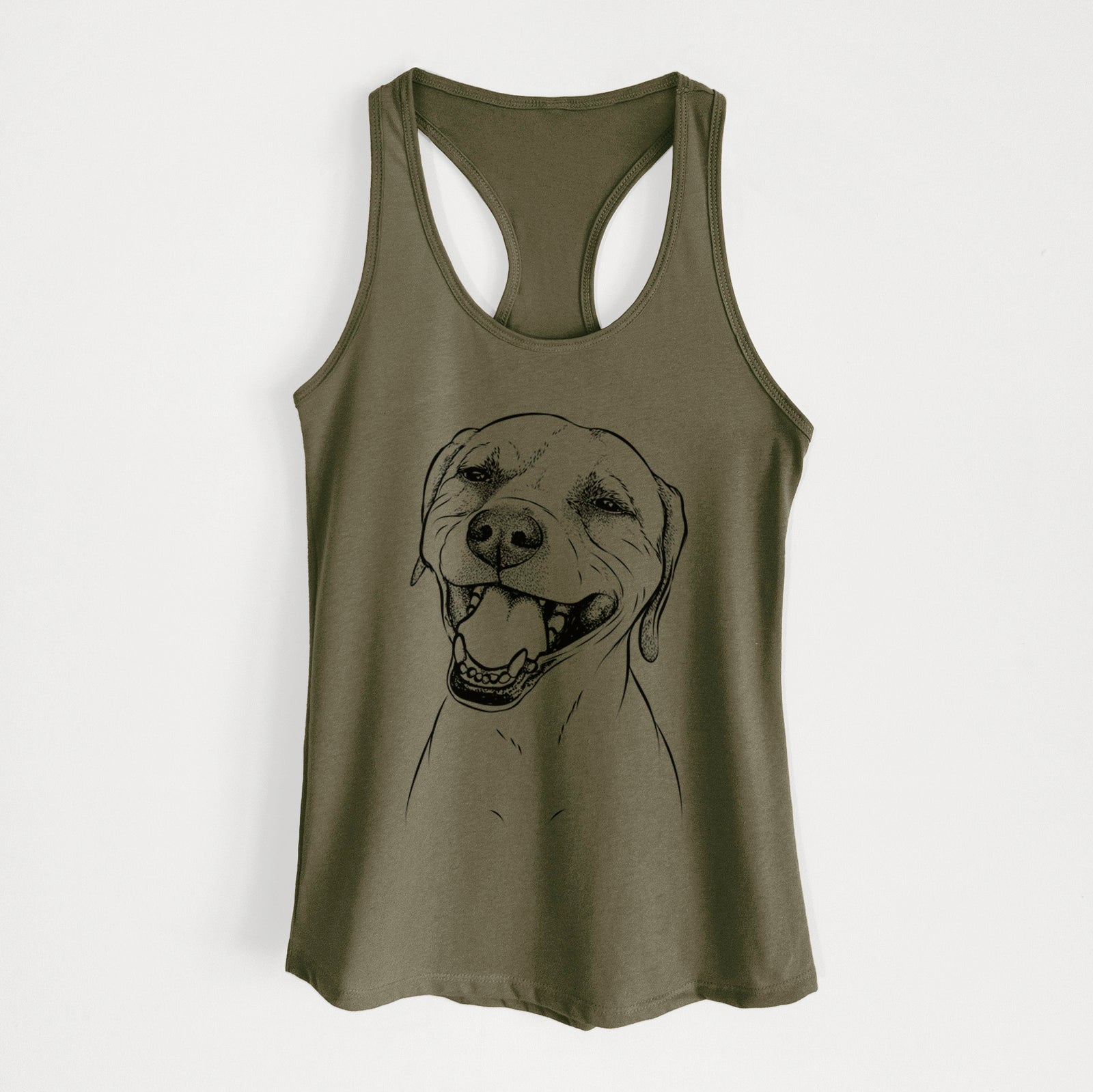Hand-drawn sketch of Beemer the Boxer Pitbull Terrier Mix on a Military Green Women's racerback tanktop