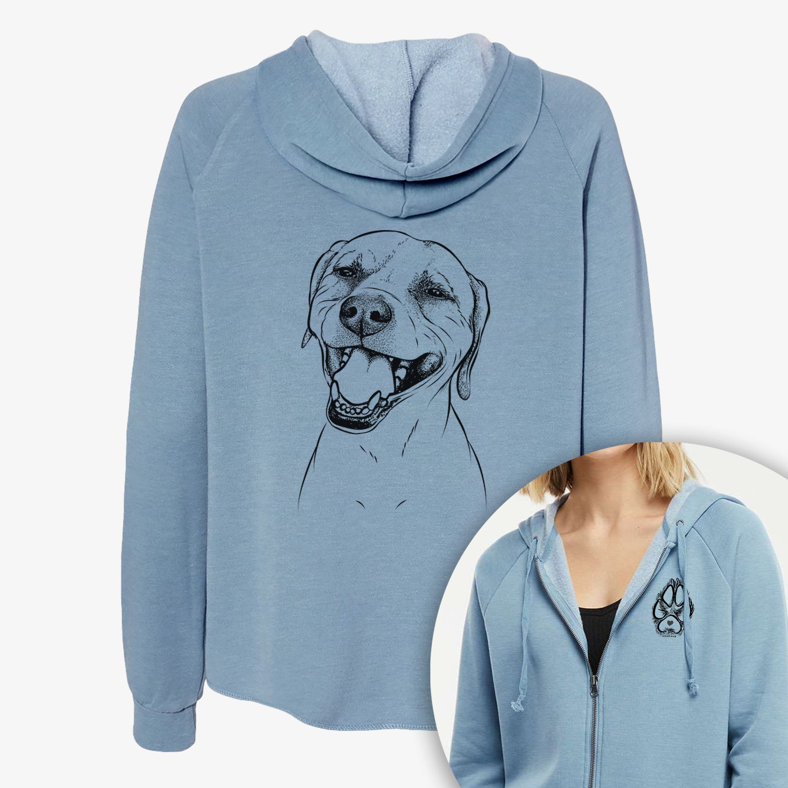 Hand-drawn sketch of Beemer the Boxer Pitbull Terrier Mix on a Women's cali wave zip-up sweatshirt, shown with icons of the other available costume styles