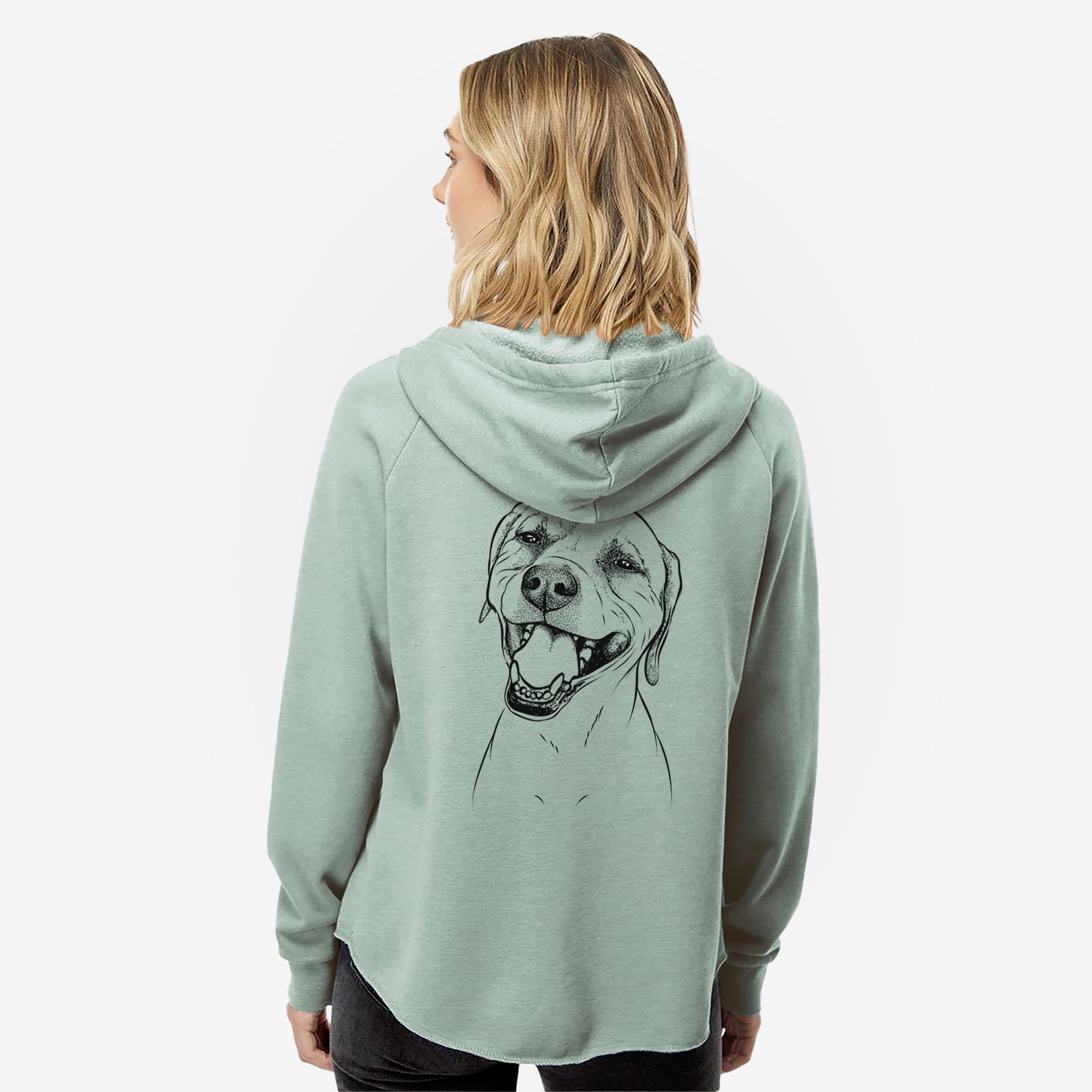 Hand-drawn sketch of Beemer the Boxer Pitbull Terrier Mix on a Sage Women's cali wave zip-up sweatshirt