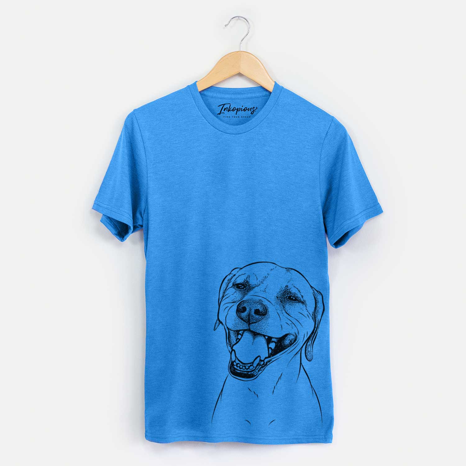 Hand-drawn sketch of Beemer the Boxer Pitbull Terrier Mix on a Blue Unisex crewneck