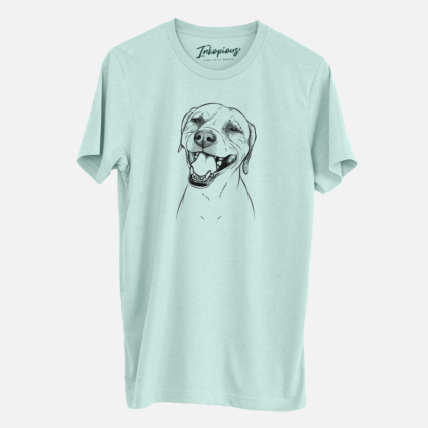 Hand-drawn sketch of Beemer the Boxer Pitbull Terrier Mix on a Heather Sage Unisex crewneck