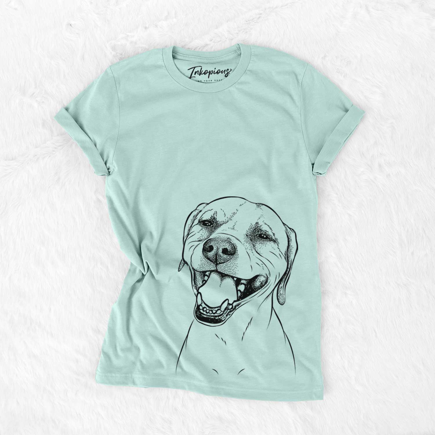 Hand-drawn sketch of Beemer the Boxer Pitbull Terrier Mix on a Heather Sage Unisex crewneck