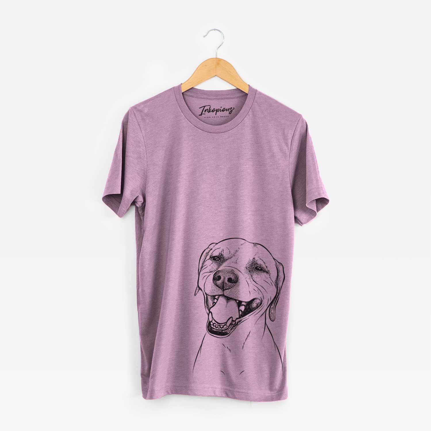 Hand-drawn sketch of Beemer the Boxer Pitbull Terrier Mix on an Orchid Unisex crewneck