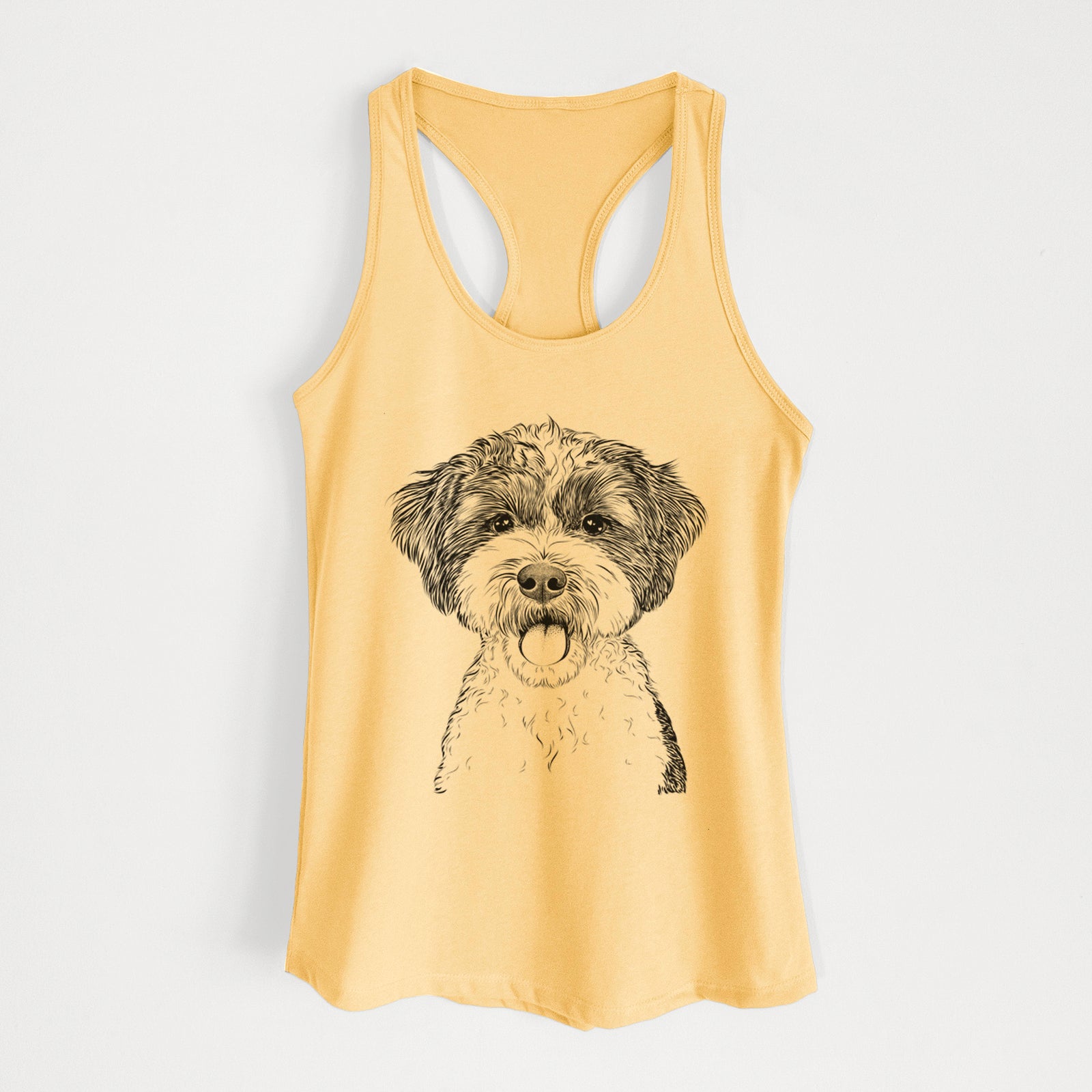 Hand-drawn sketch of Bella the Cockapoo on a Banana Cream Women's racerback tanktop