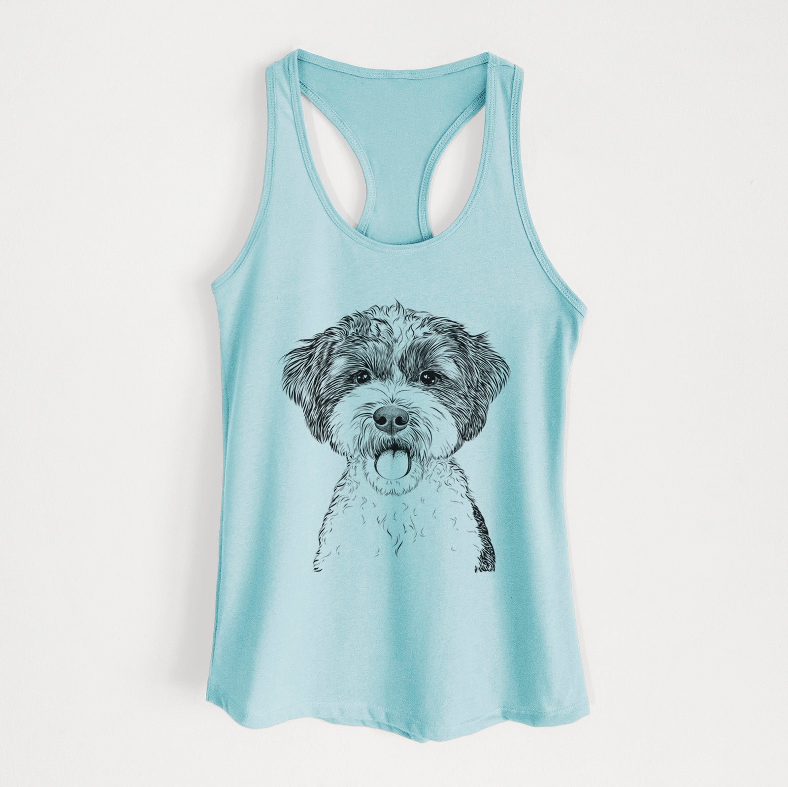 Hand-drawn sketch of Bella the Cockapoo on a Cancun Blue Women's racerback tanktop