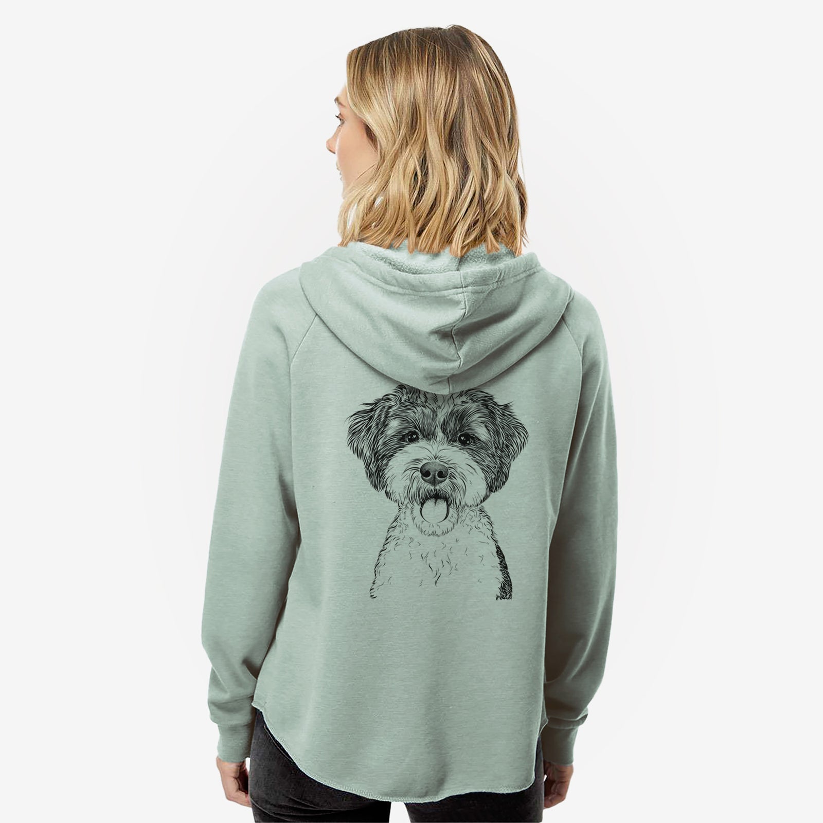 Hand-drawn sketch of Bella the Cockapoo on a Sage Women's cali wave zip-up sweatshirt