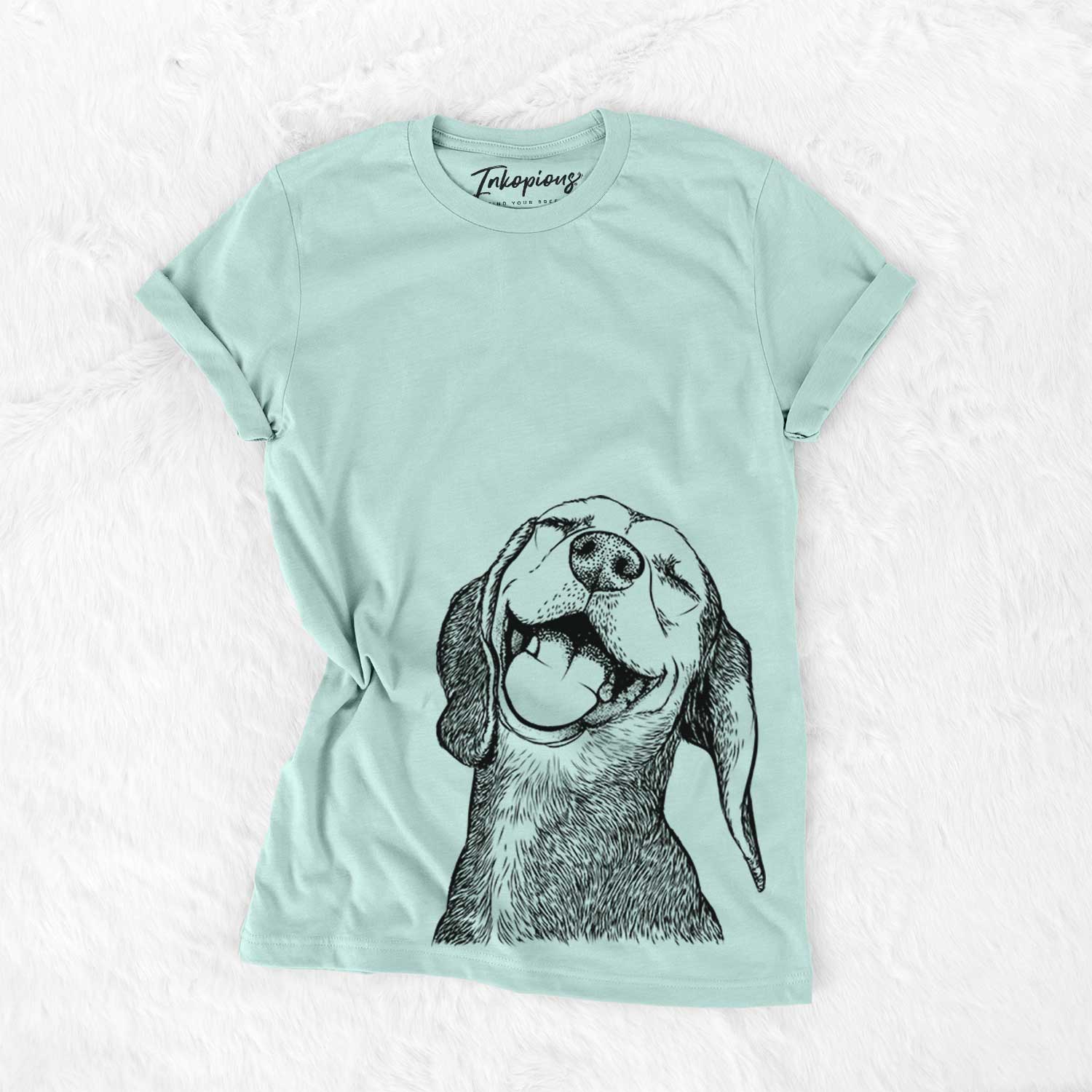 Hand-drawn sketch of Belle the Hound Mix on a Heather Sage Bella Canvas Unisex Crewneck