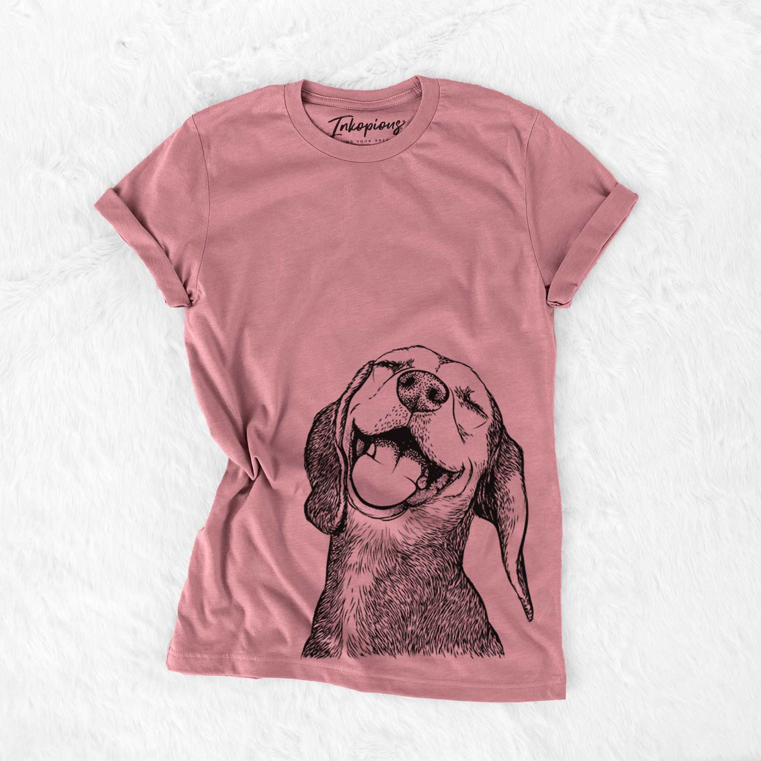 Hand-drawn sketch of Belle the Hound Mix on a Mauve Bella Canvas Unisex Crewneck