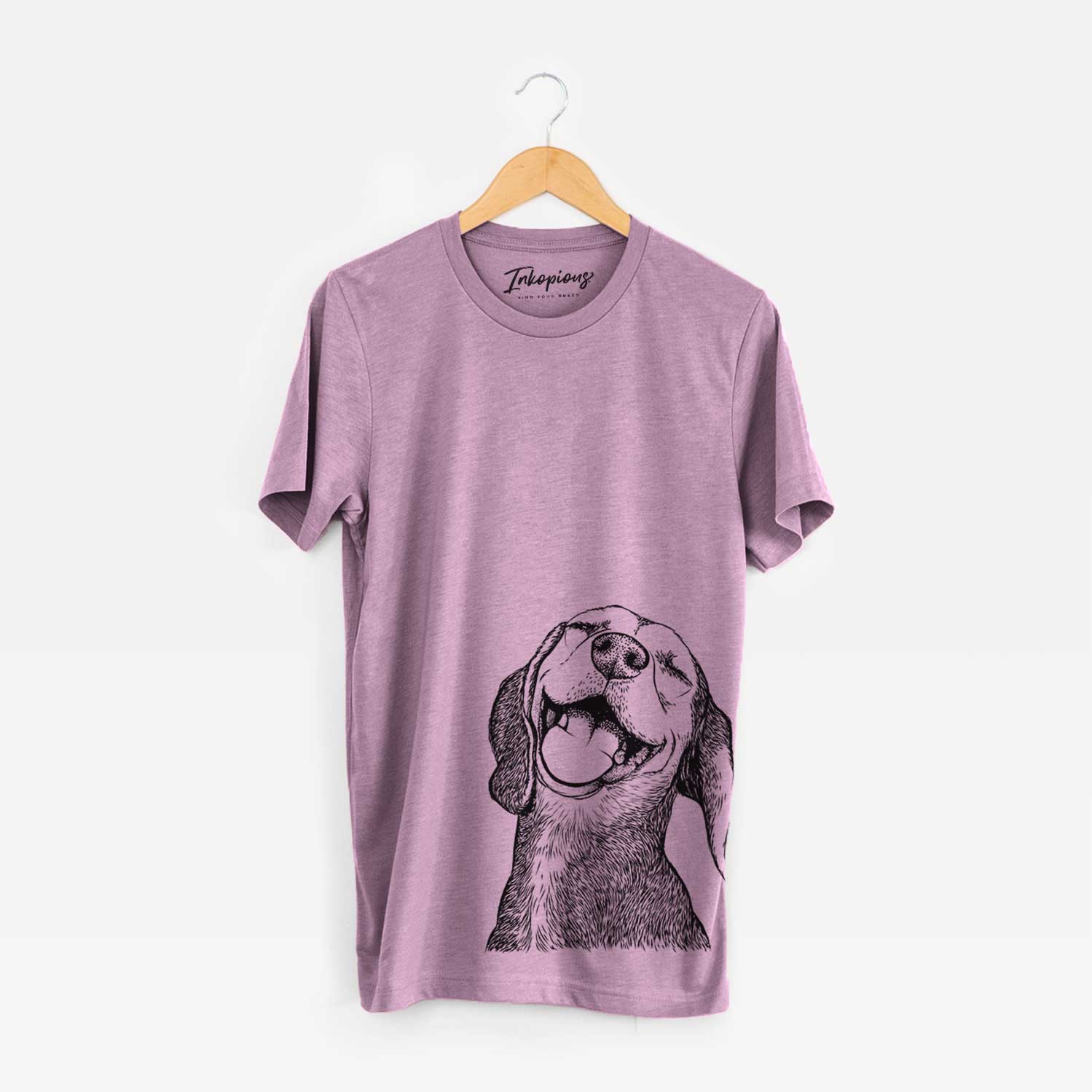 Hand-drawn sketch of Belle the Hound Mix on an Orchid Bella Canvas Unisex Crewneck