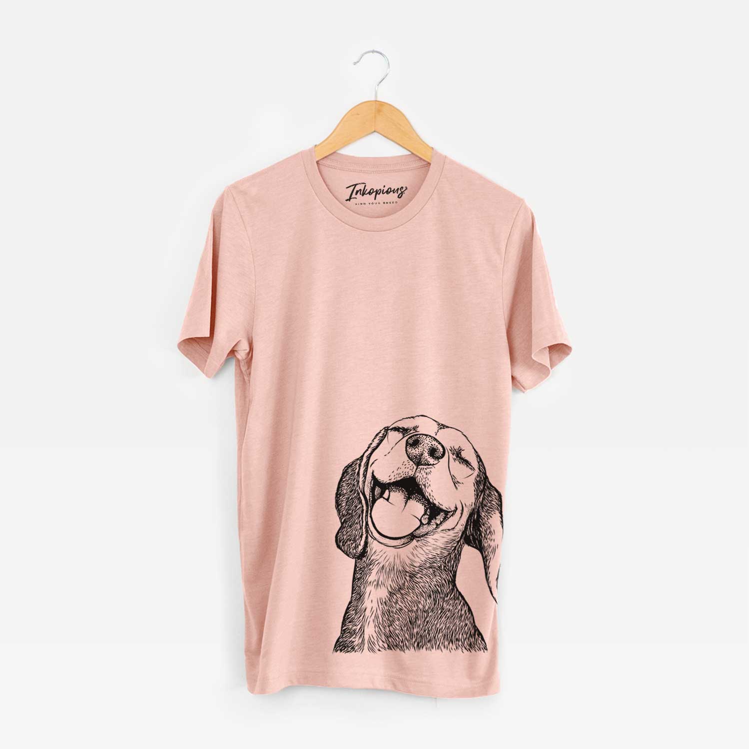 Hand-drawn sketch of Belle the Hound Mix on a Peach Bella Canvas Unisex Crewneck