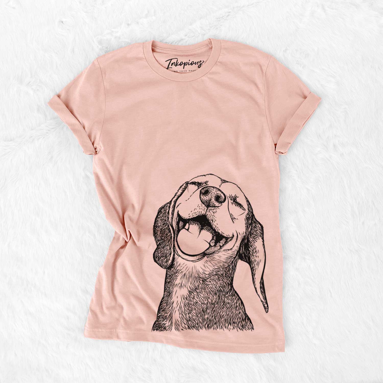 Hand-drawn sketch of Belle the Hound Mix on a Peach Bella Canvas Unisex Crewneck