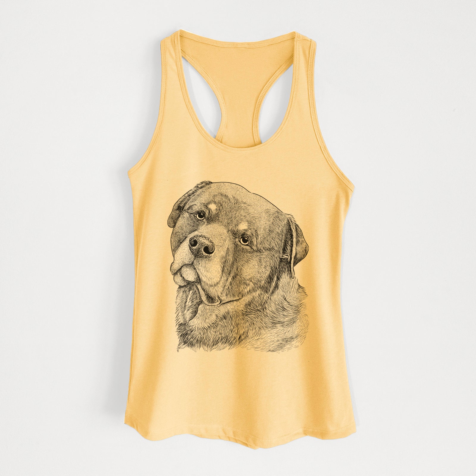 Hand-drawn sketch of Bender the Rottweiler on a Banana Cream Women's racerback tanktop
