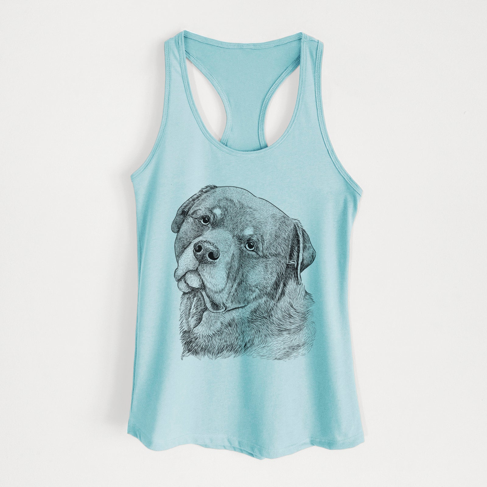 Hand-drawn sketch of Bender the Rottweiler on a Cancun Blue Women's racerback tanktop