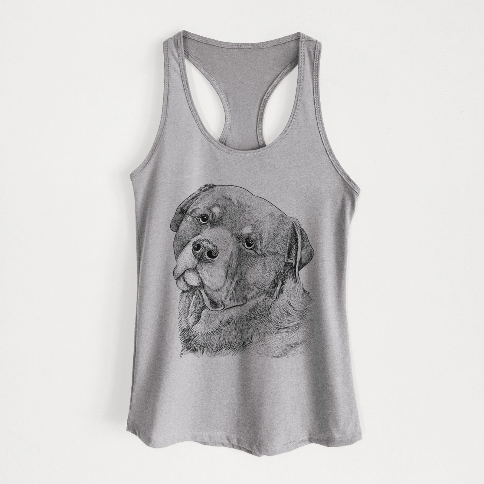 Hand-drawn sketch of Bender the Rottweiler on a Heather Grey Women's racerback tanktop