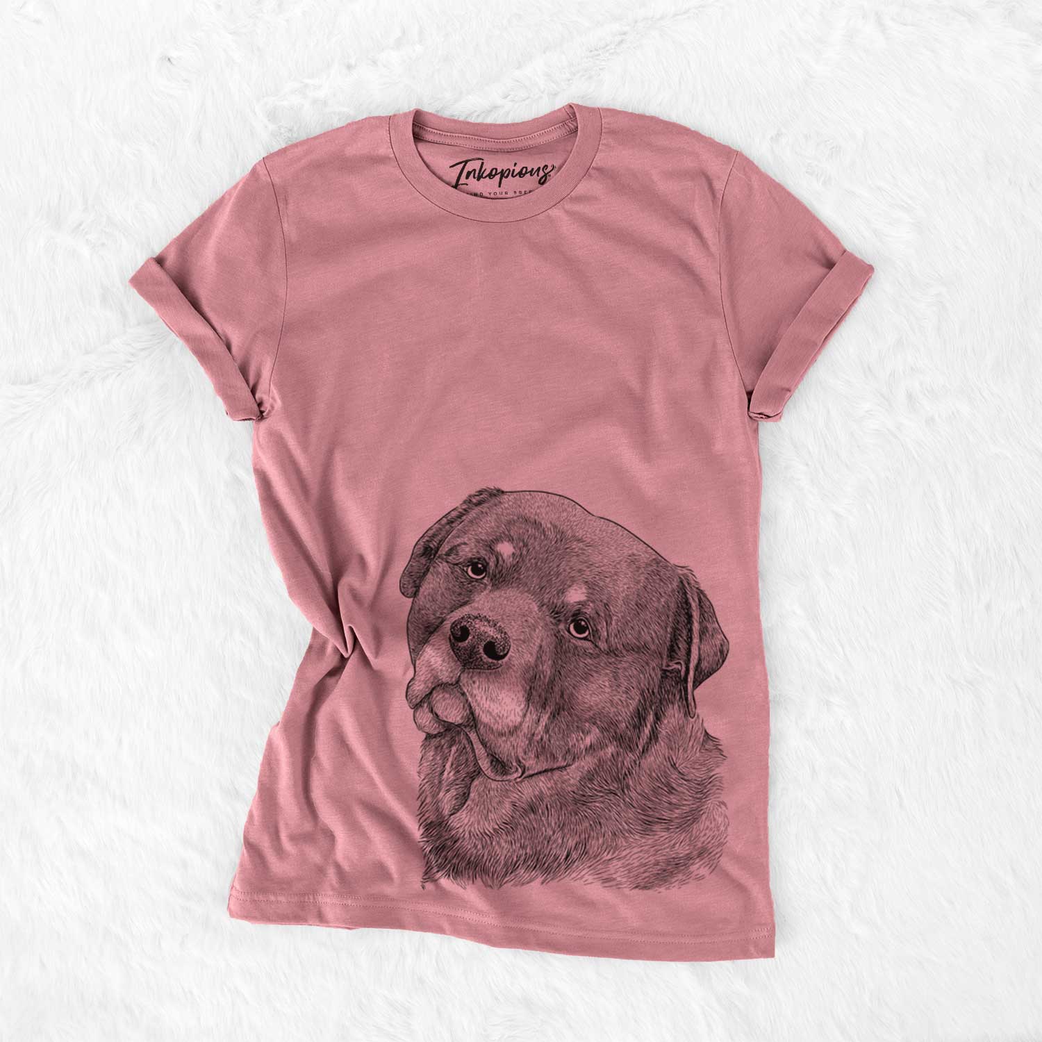 Hand-drawn sketch of Bender the Rottweiler on a Mauve Bella Canvas Unisex Crewneck