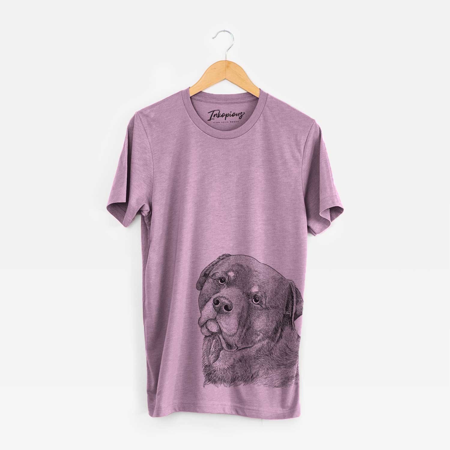 Hand-drawn sketch of Bender the Rottweiler on an Orchid Bella Canvas Unisex Crewneck