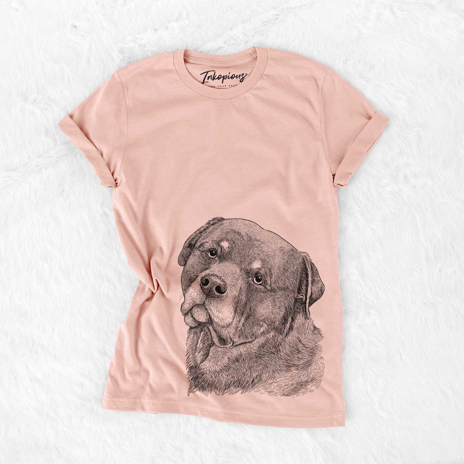 Hand-drawn sketch of Bender the Rottweiler on a Peach Bella Canvas Unisex Crewneck