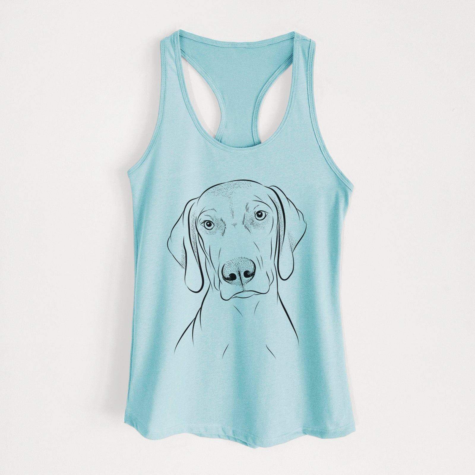 Hand-drawn sketch of Benelli the Vizsla on a Cancun Blue Women's racerback tanktop