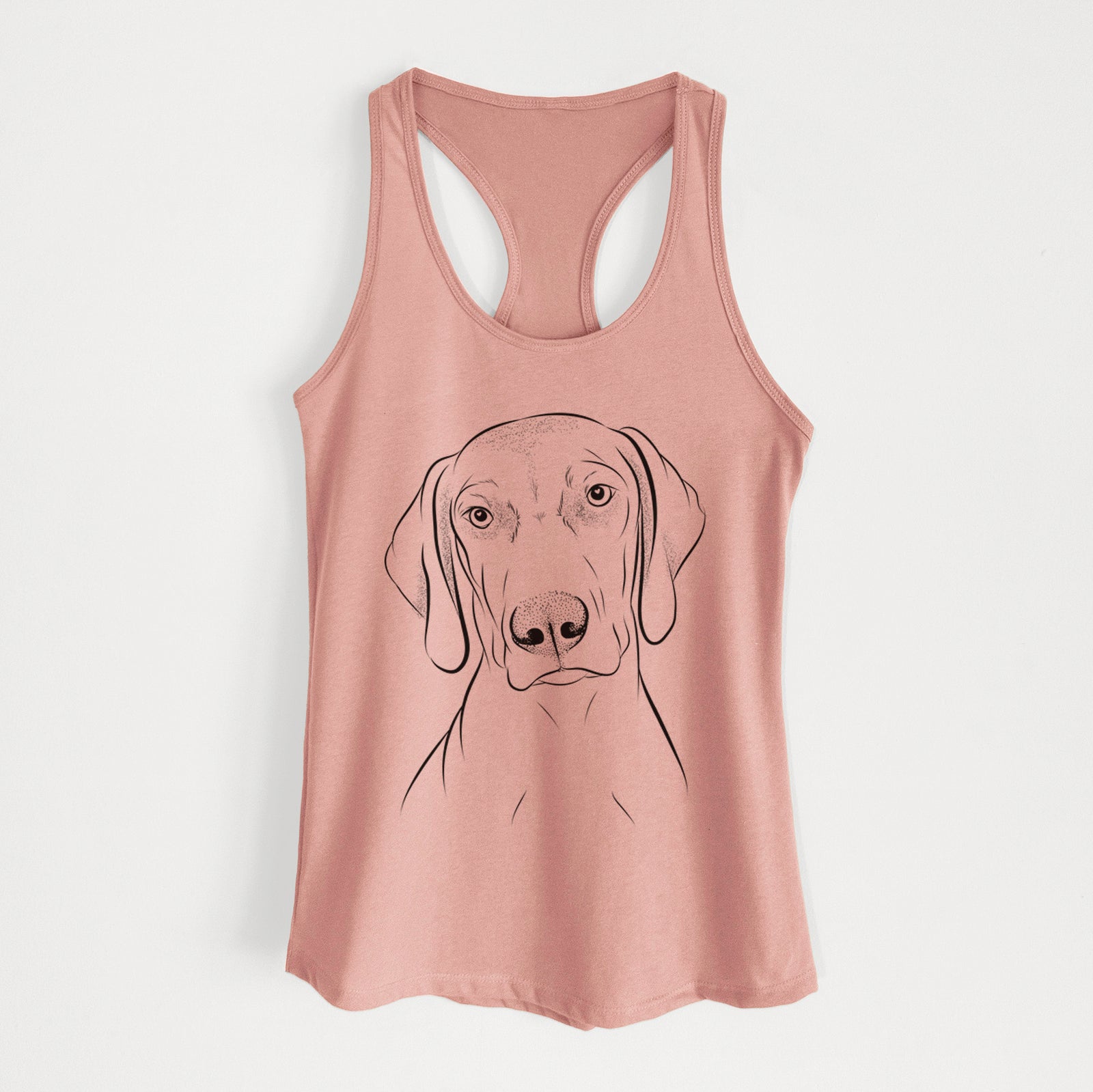 Hand-drawn sketch of Benelli the Vizsla on a Desert Pink Women's racerback tanktop