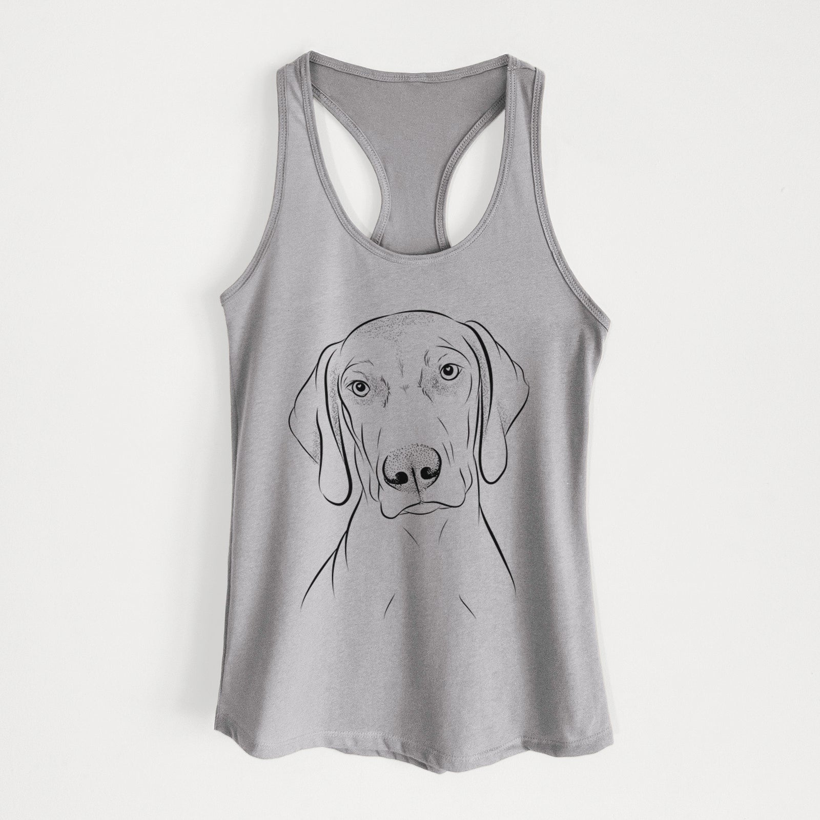 Hand-drawn sketch of Benelli the Vizsla on a Heather Grey Women's racerback tanktop