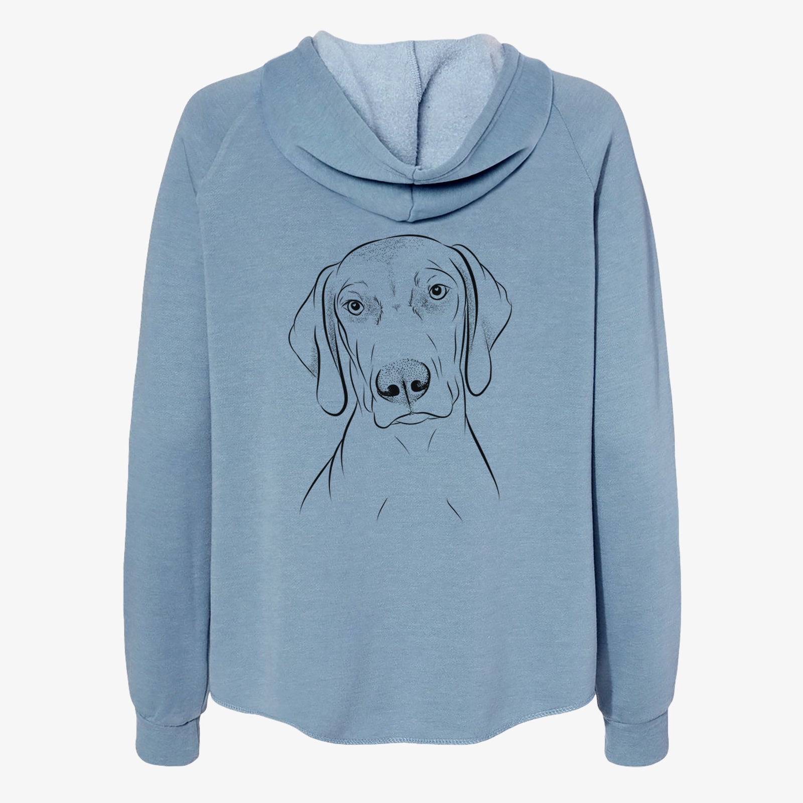 Hand-drawn sketch of Benelli the Vizsla on a Misty Blue Women's cali wave zip-up sweatshirt