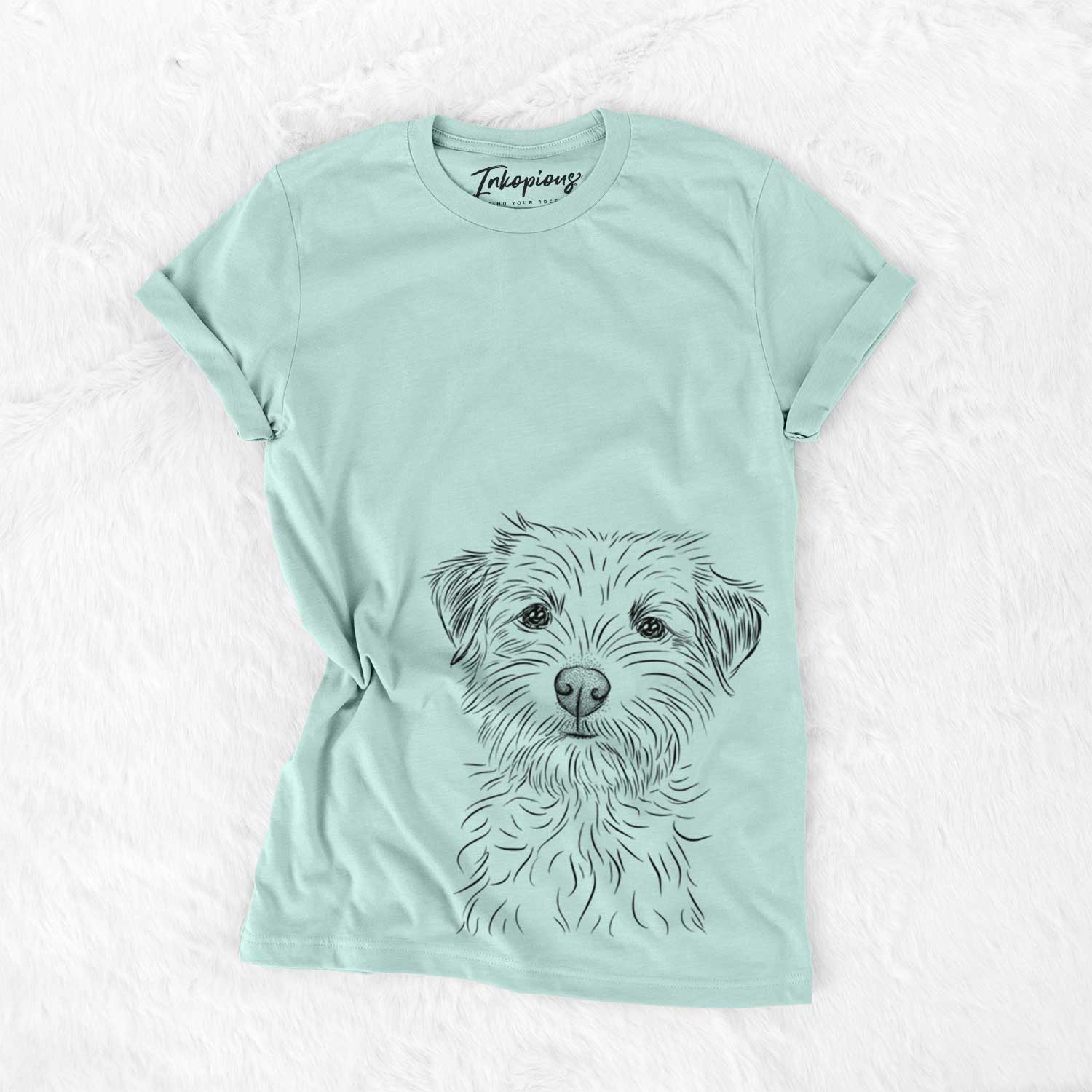 Hand-drawn sketch of Benjamin the Border Terrier on a Heather Sage Unisex crewneck